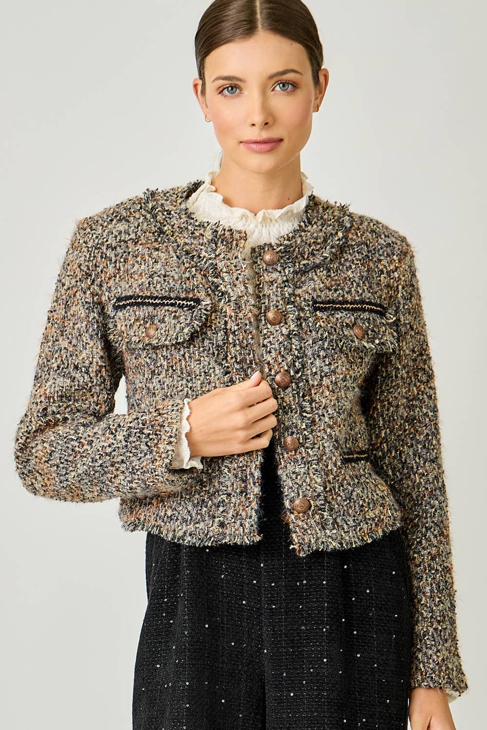61191 Fringe Tweed Jacket: Stone/Grey / Small