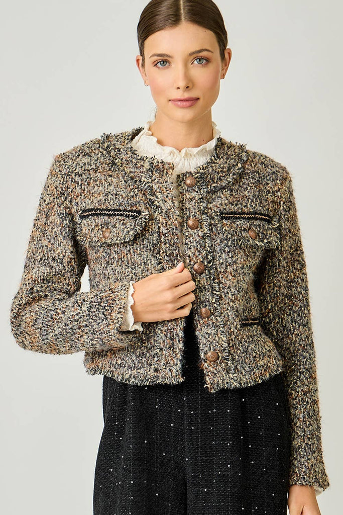 61191 Fringe Tweed Jacket: Stone/Grey / Small