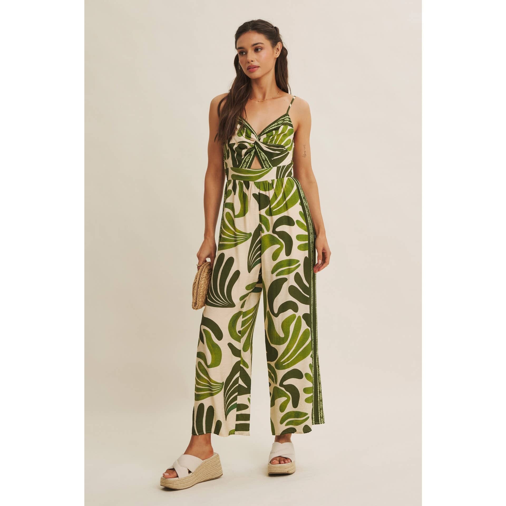 ISLAND BREEZE BORDER PRINT KNOT FRONT WIDE-LEG JUMPSUIT: OLIVE / L