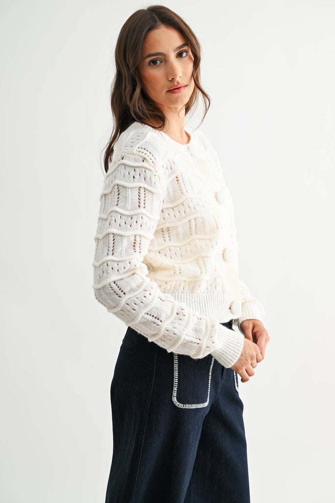 TEXTURED KNIT BUTTON FRONT CARDIGAN - CWT26598: CREAM / S-M-L (3-2-1)