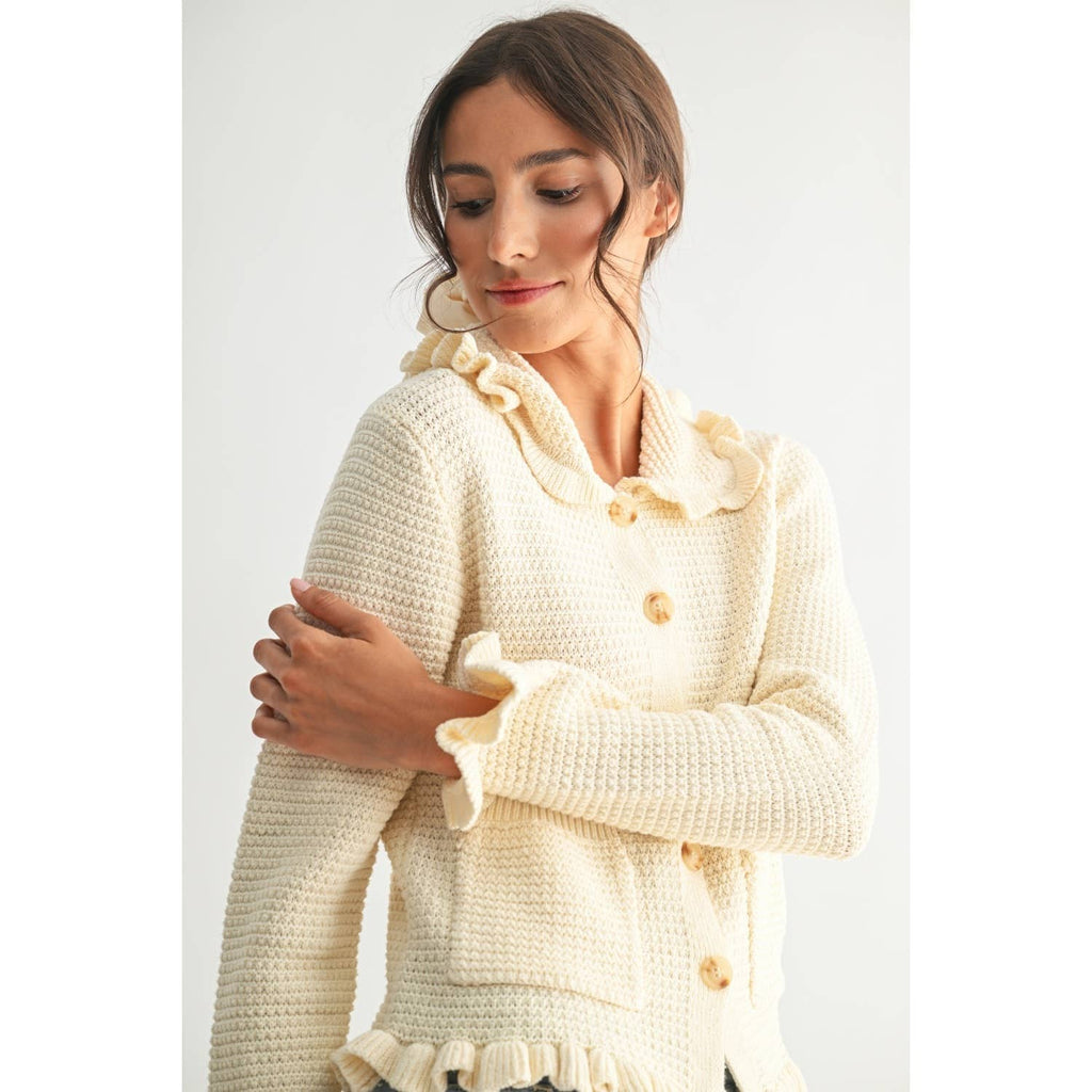 RUFFLED KNIT CARDIGAN: IVORY / S-M-L(3-2-1)