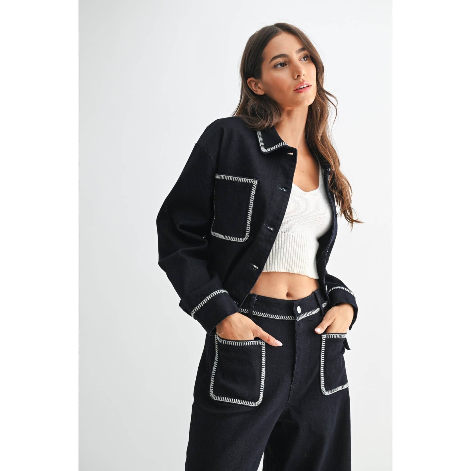 DENIM JACKET WITH CONTRAST STITCHING: DARK DENIM / S-M-L(3-2-1)