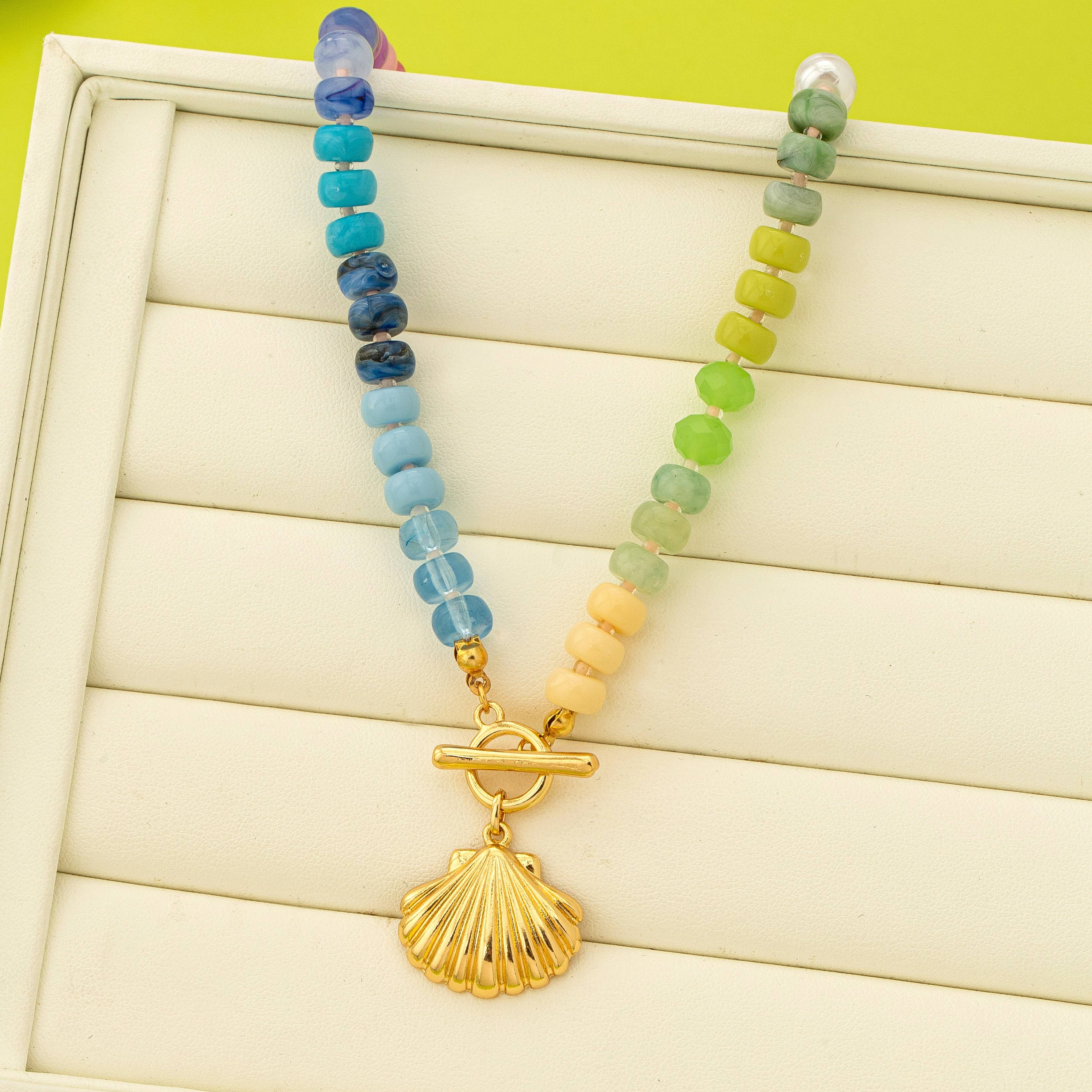 Rainbow Beaded Seashell Charm Necklace | 80N92899: Gold | Stella & Grace Boutique .