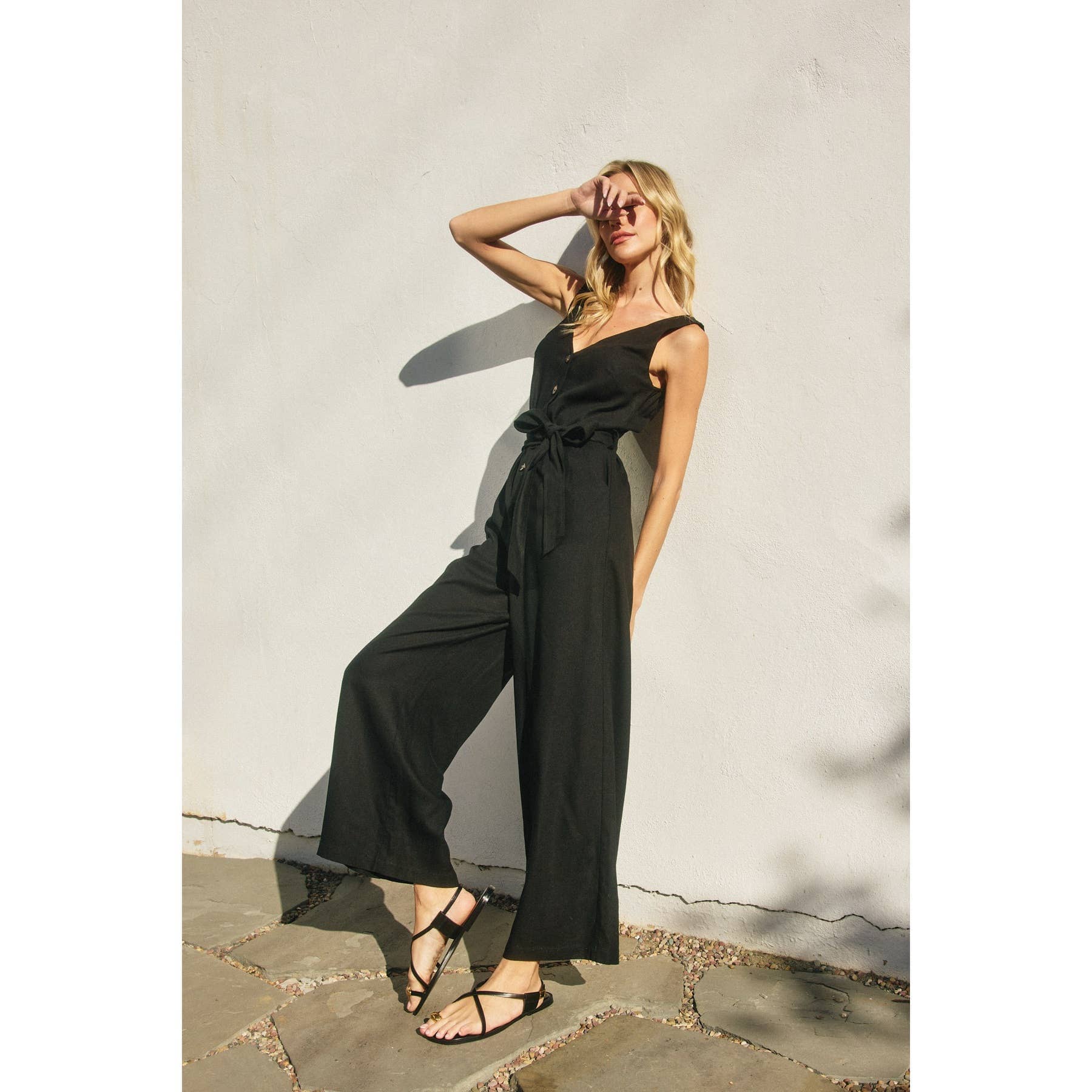 Heaven Sent Button Down Sash Belt Jumpsuit: NAVY / S-M-L(2-2-2)