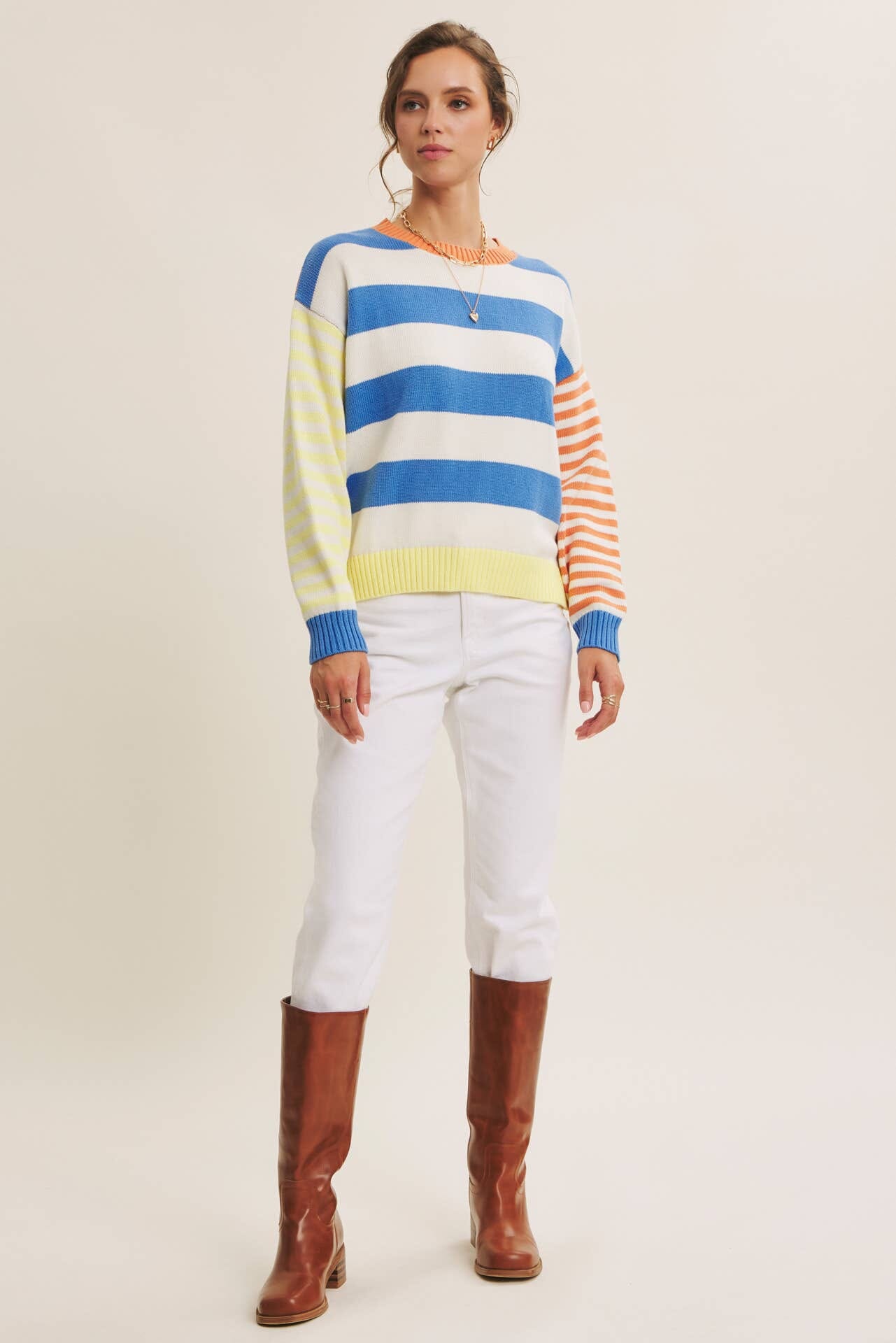 JOYFUL COLOR BLOCKED BOLD STRIPE RELAXED FIT COTTON SWEATER: BLUE/LEMON MULTI / S