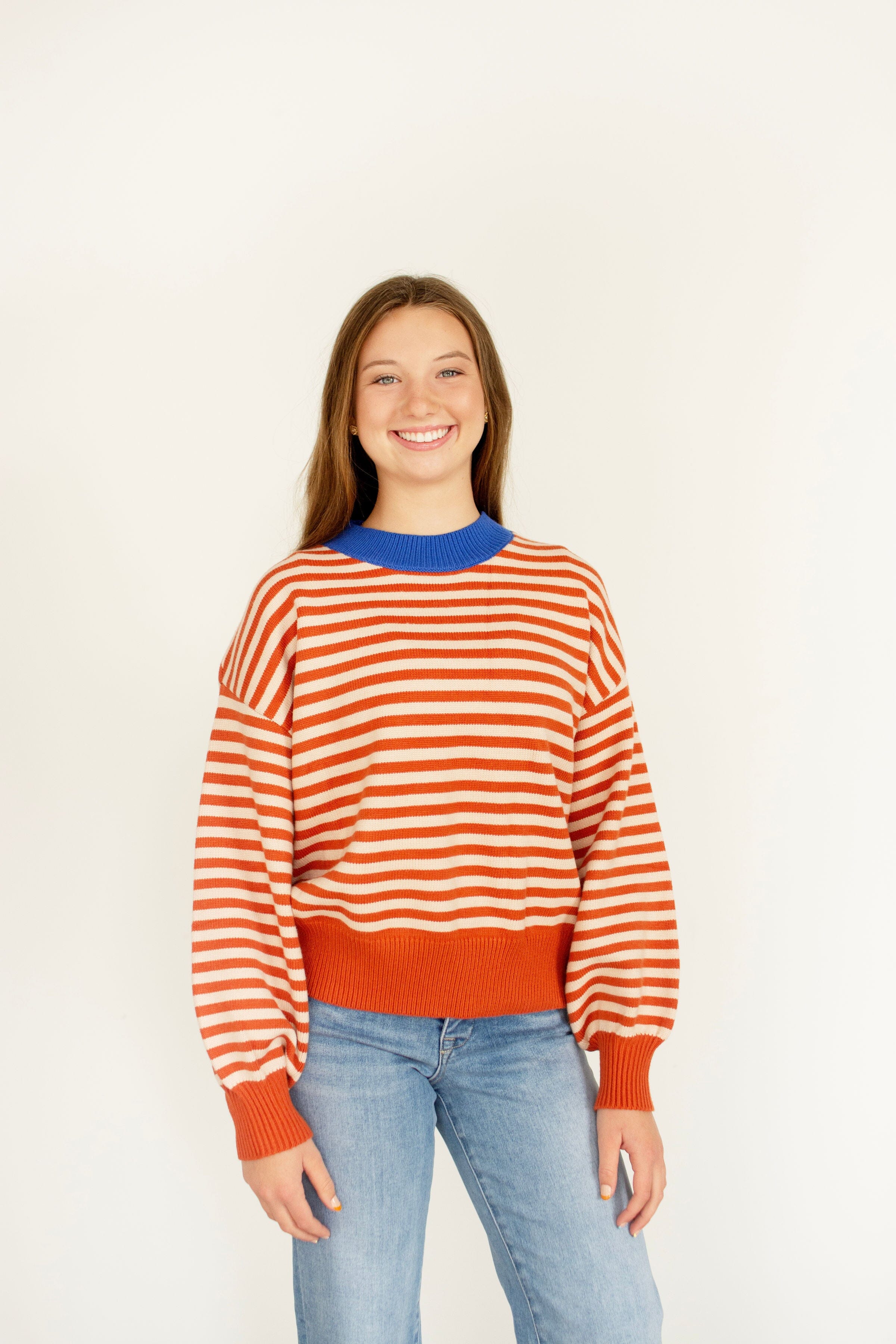 Cobalt Trim Striped Cropped Sweater – Pumpkin Orange