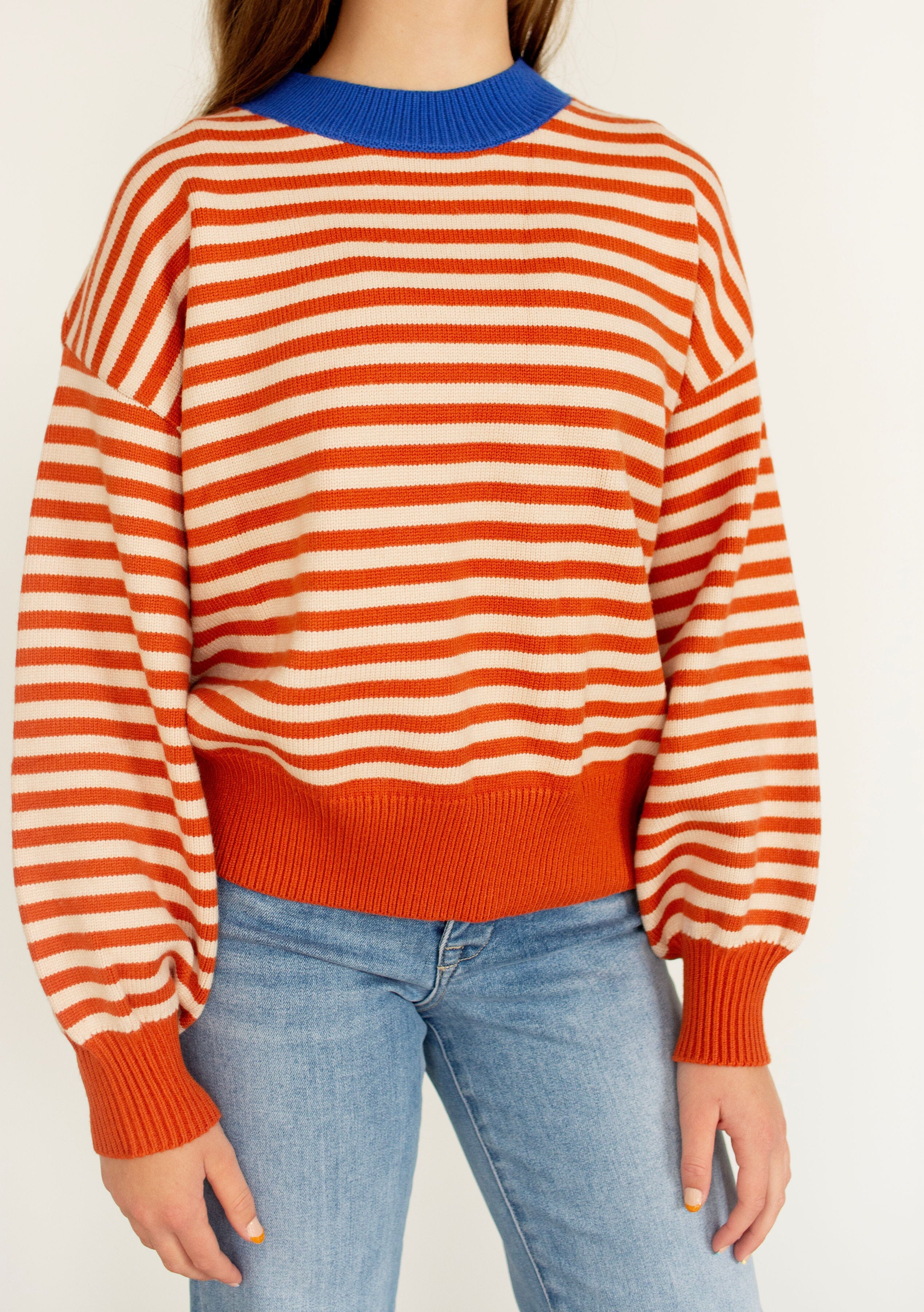 Cobalt Trim Striped Cropped Sweater – Pumpkin Orange