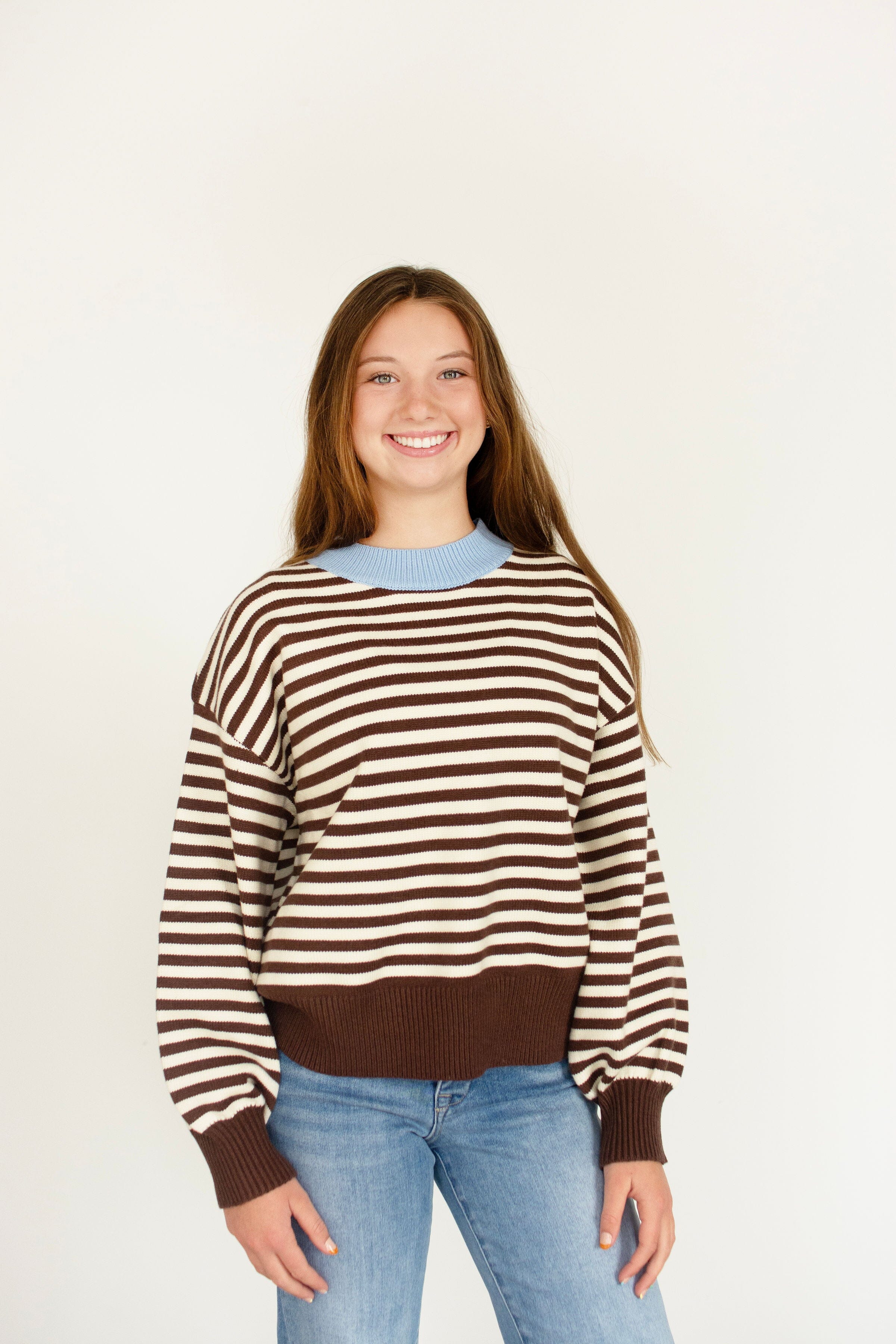 Blue Trim Chocolate Striped Cropped Relaxed Sweater