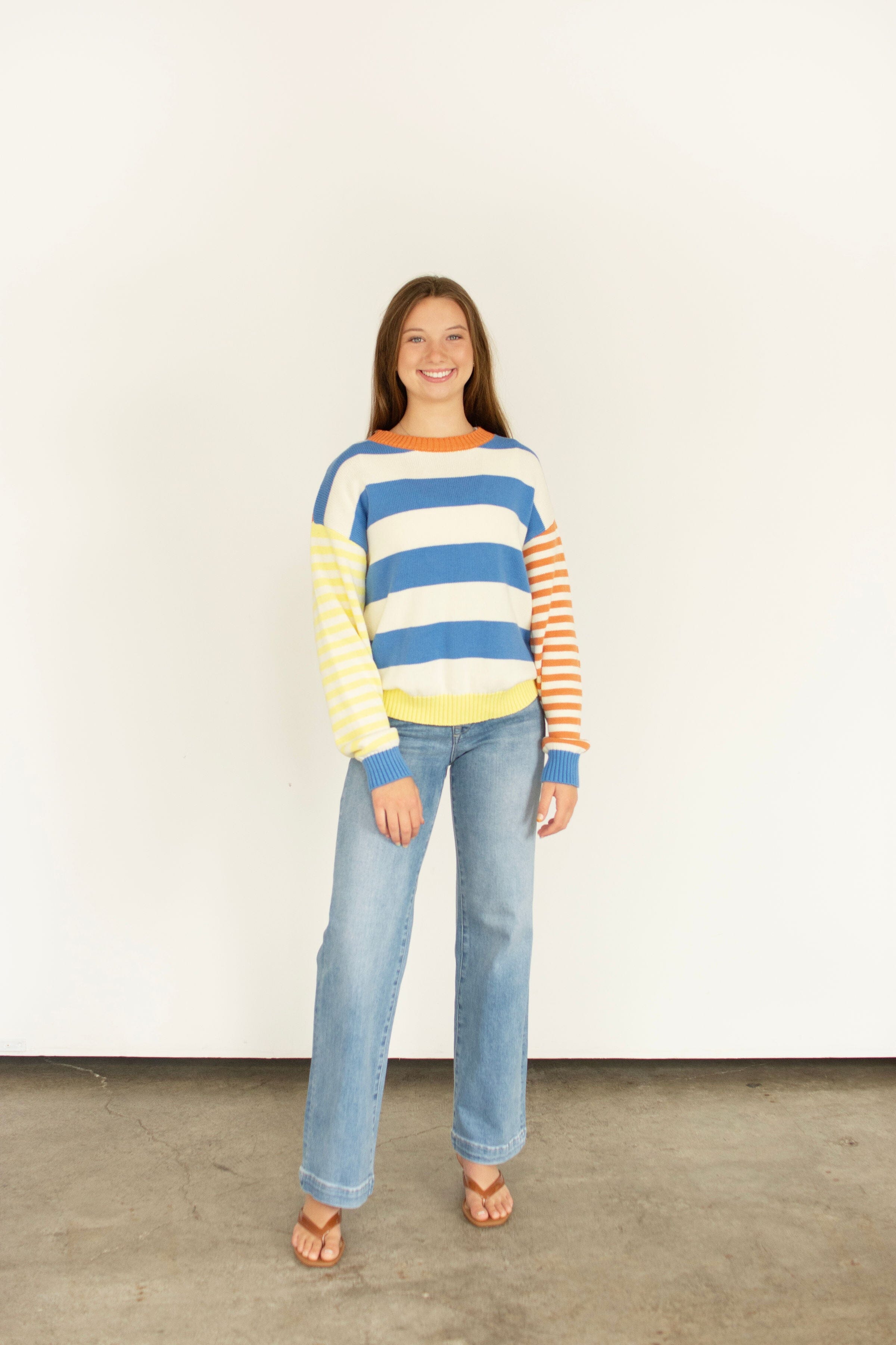 Blue & Lemon Joyful Color Block Striped Relaxed Fit Sweater