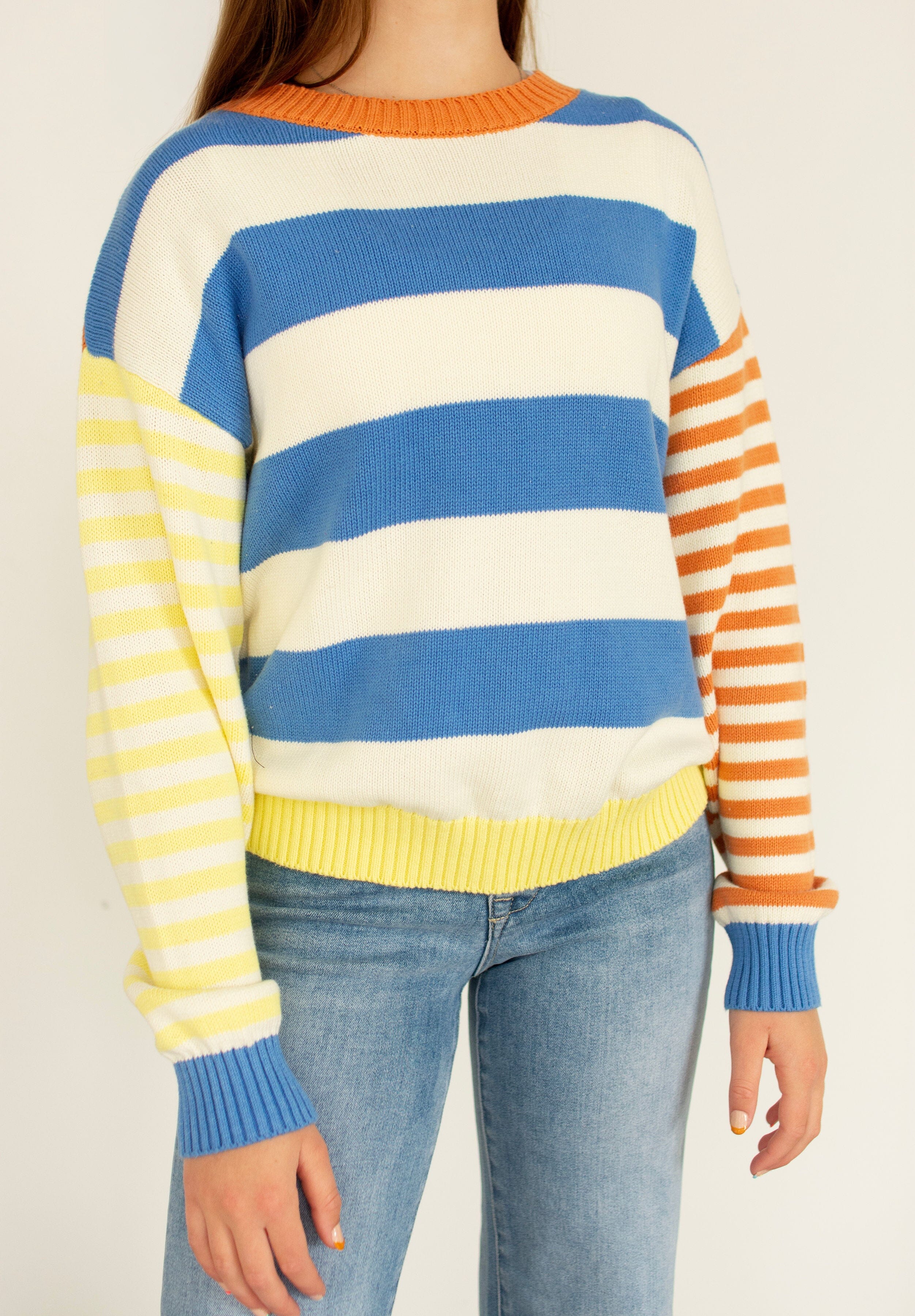Blue & Lemon Joyful Color Block Striped Relaxed Fit Sweater