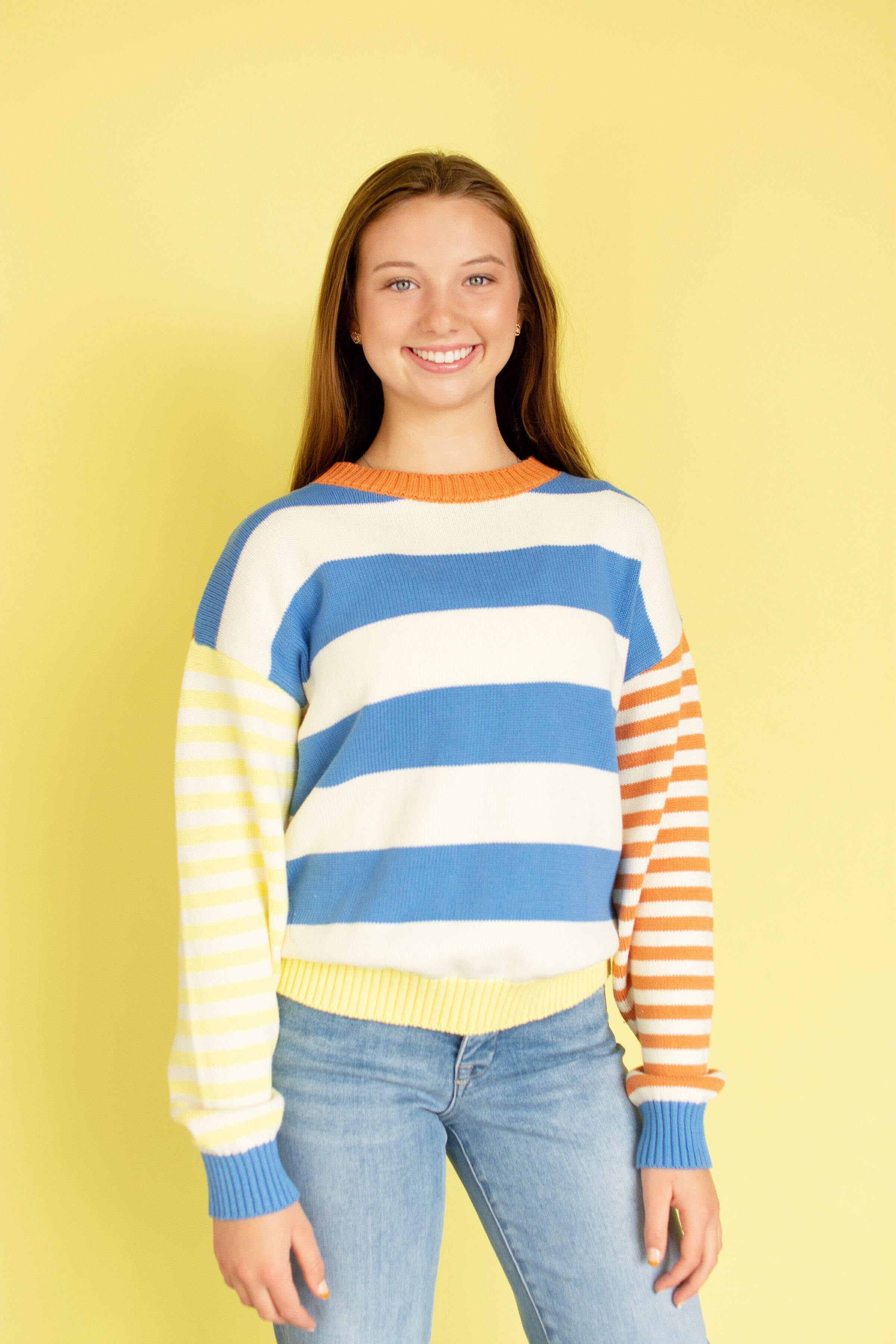 Blue & Lemon Joyful Color Block Striped Relaxed Fit Sweater