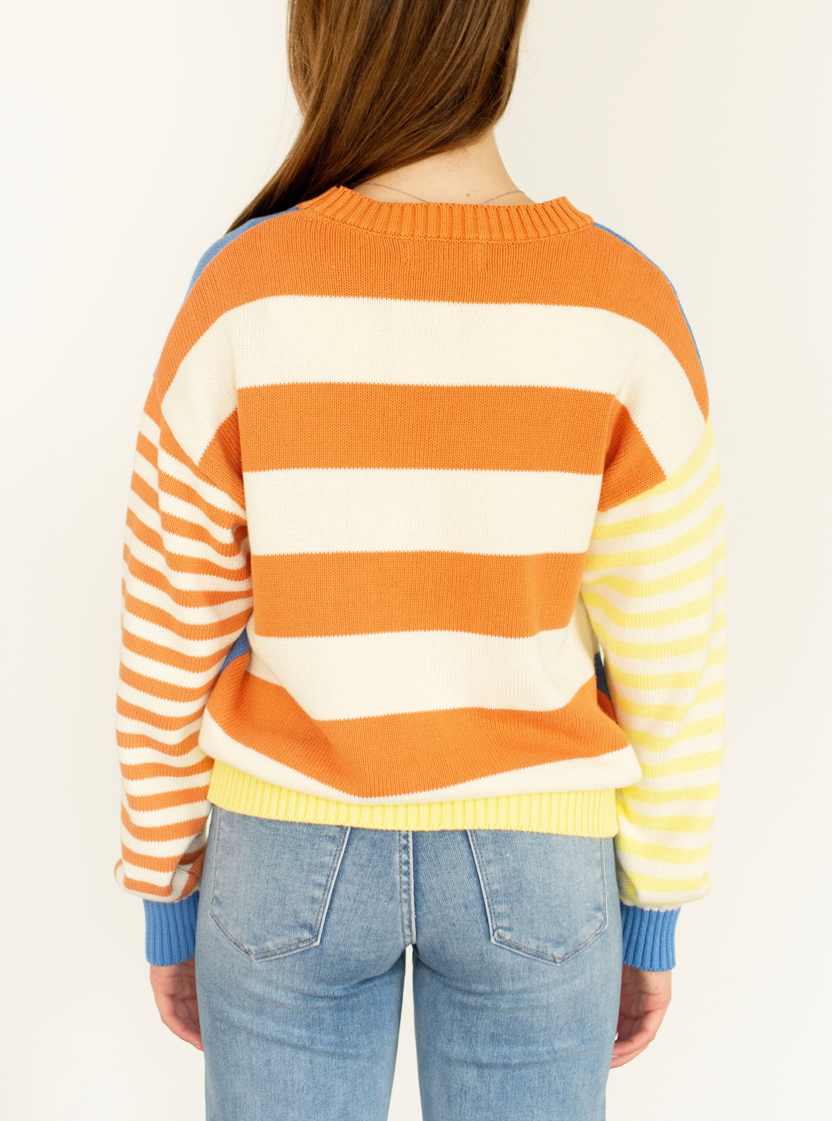 Blue & Lemon Joyful Color Block Striped Relaxed Fit Sweater