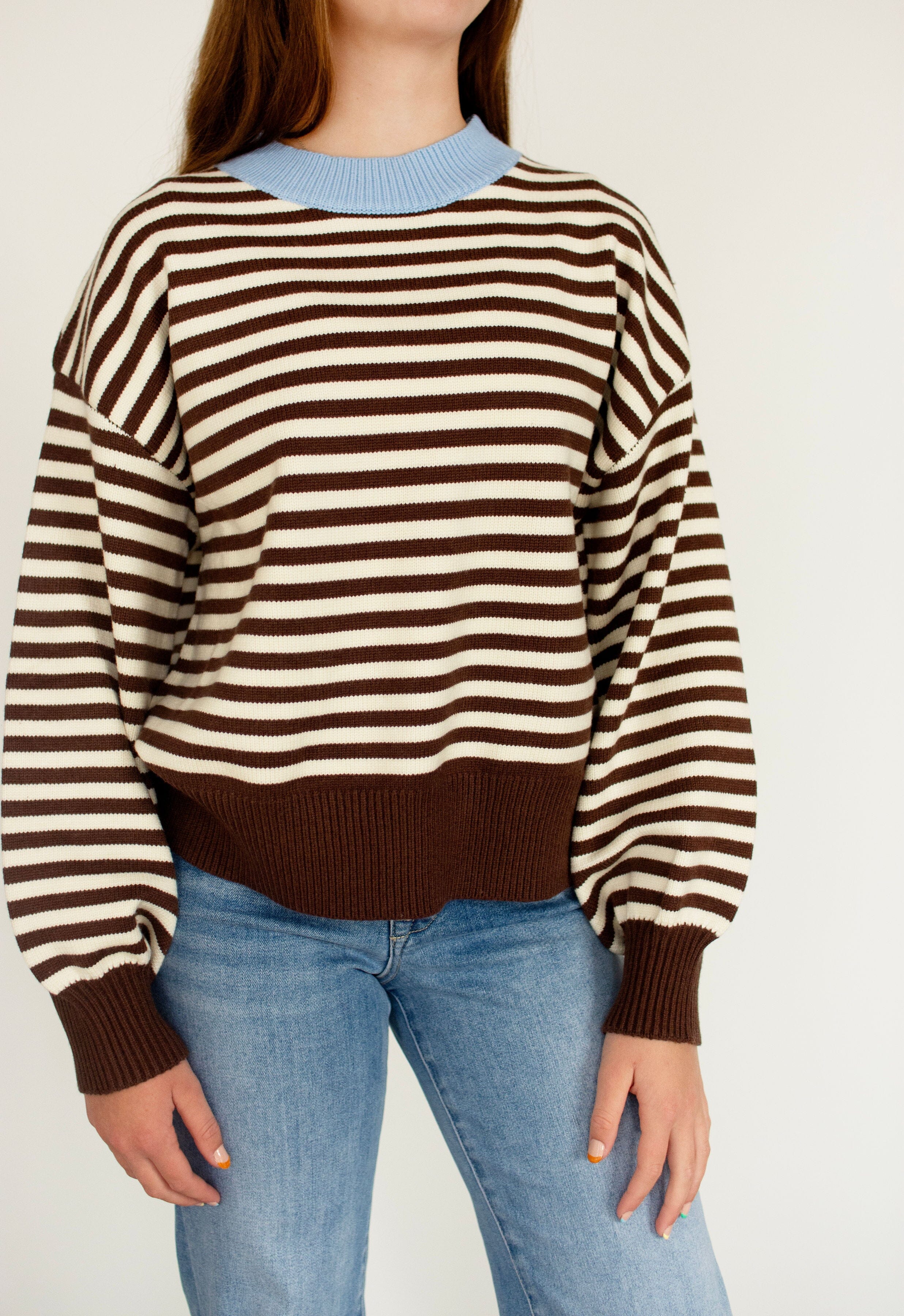 Blue Trim Chocolate Striped Cropped Relaxed Sweater