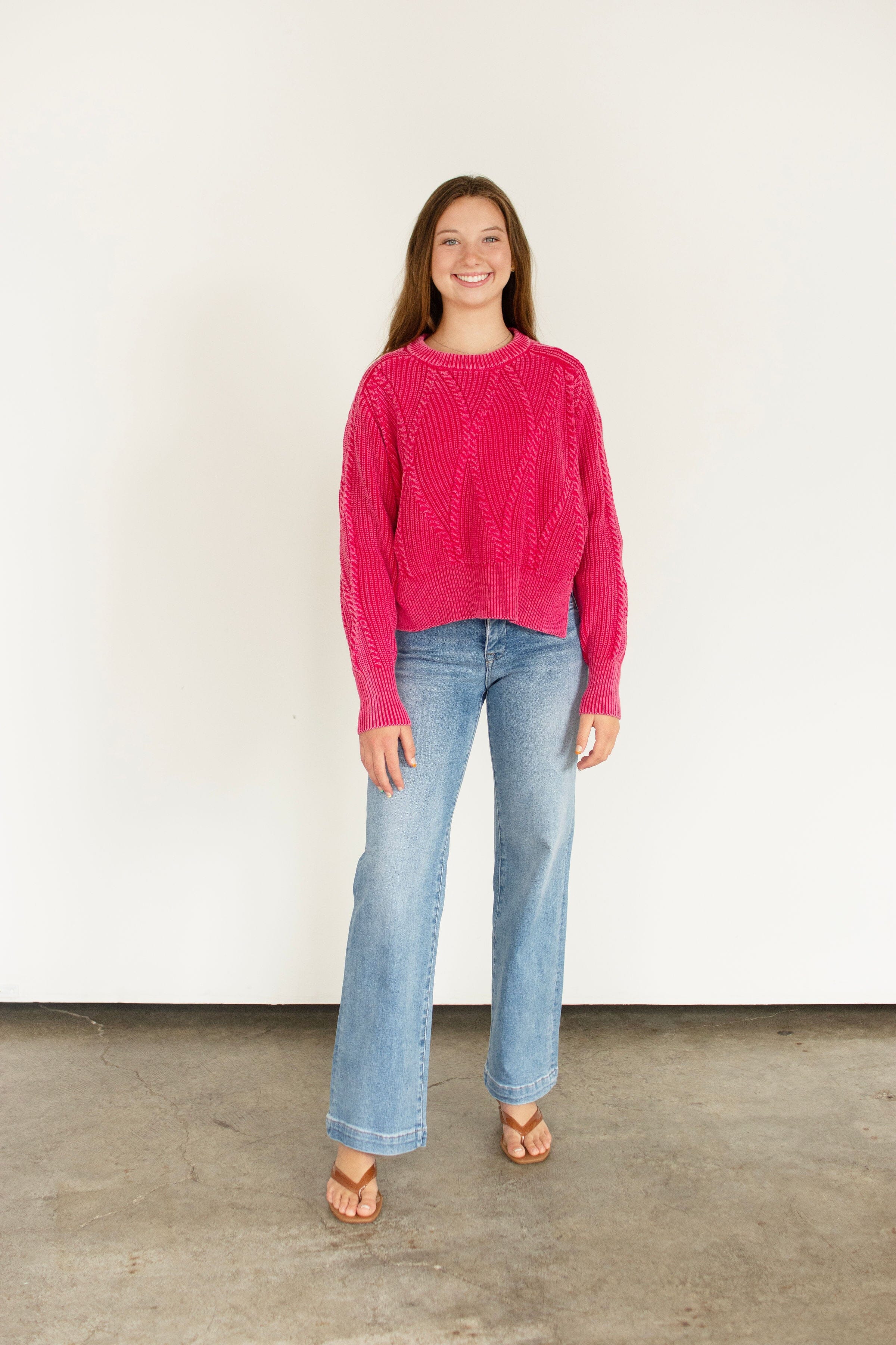 Washed Fuchsia Cropped Cable Knit Cotton Sweater