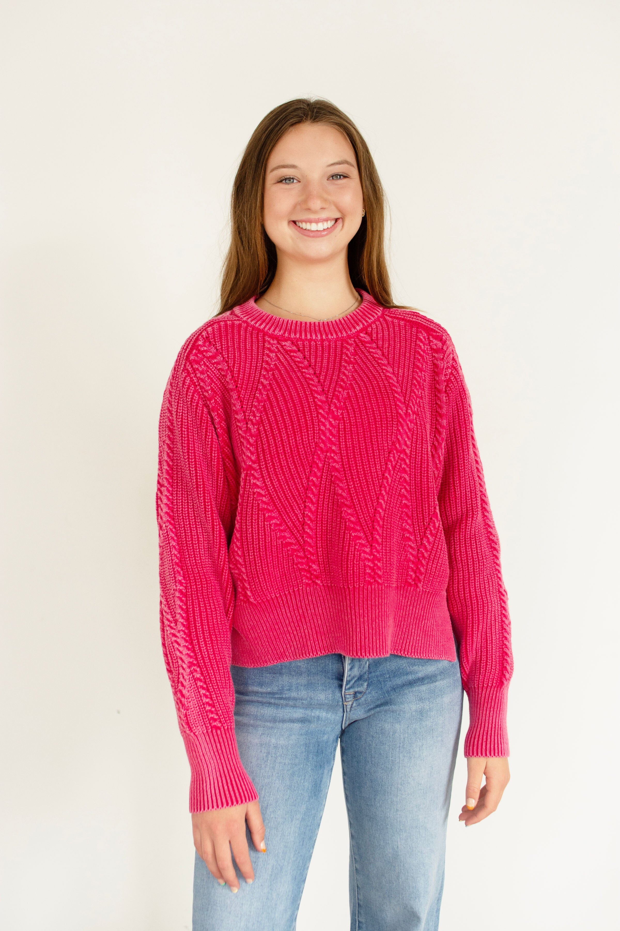 Washed Fuchsia Cropped Cable Knit Cotton Sweater