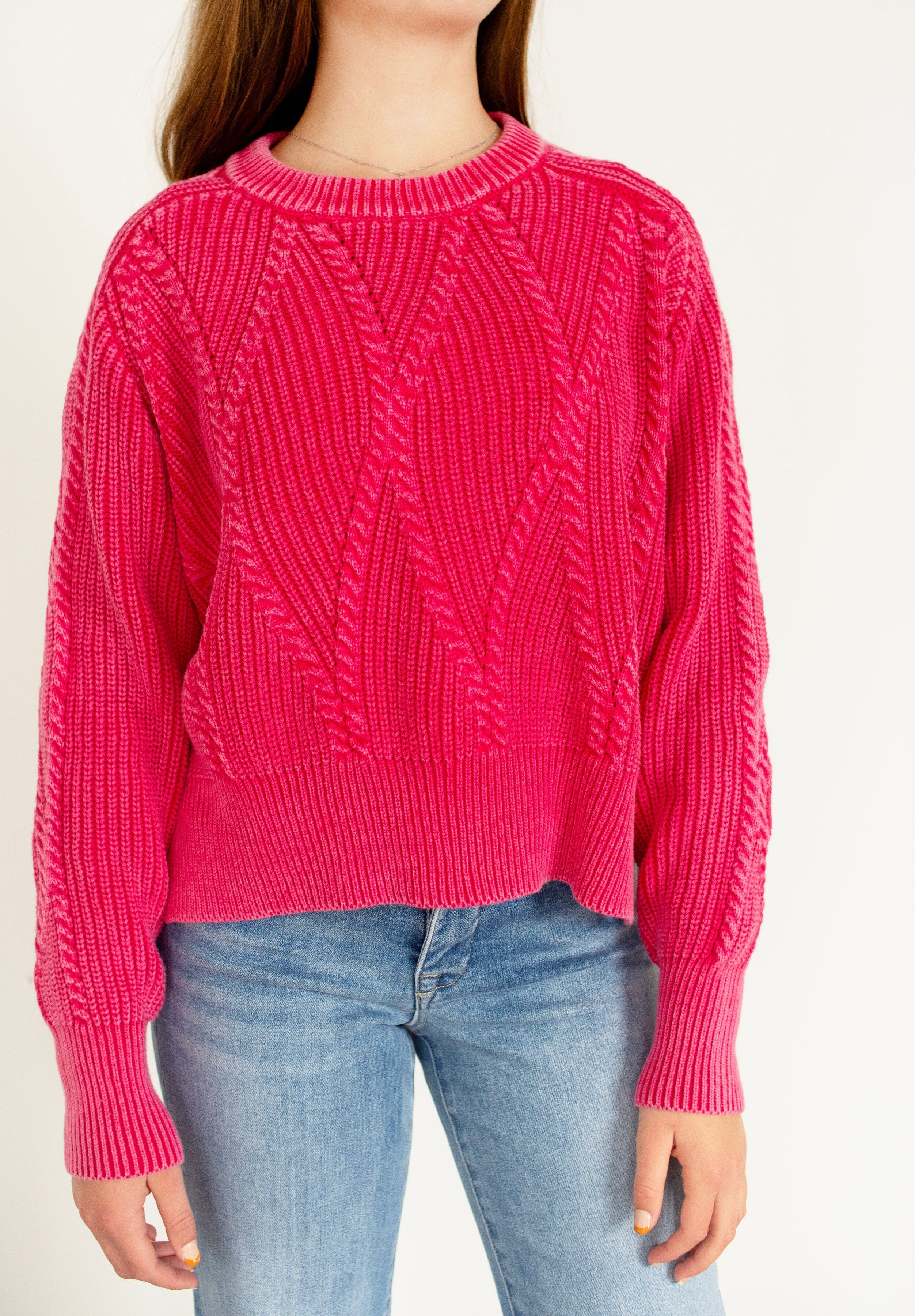 Washed Fuchsia Cropped Cable Knit Cotton Sweater