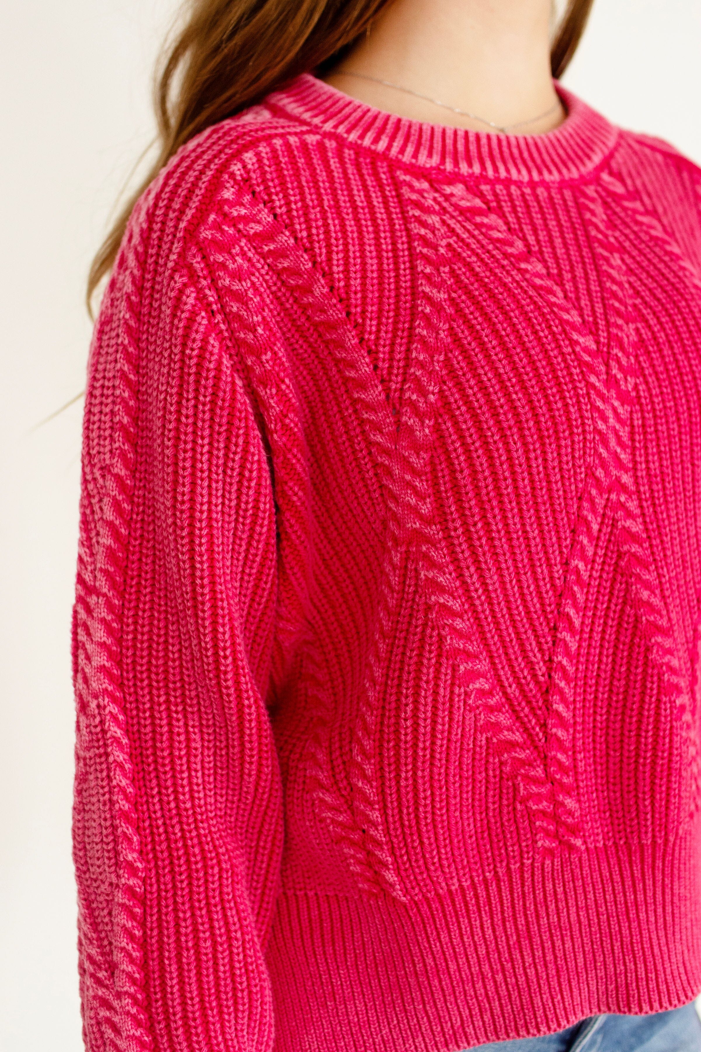 Washed Fuchsia Cropped Cable Knit Cotton Sweater