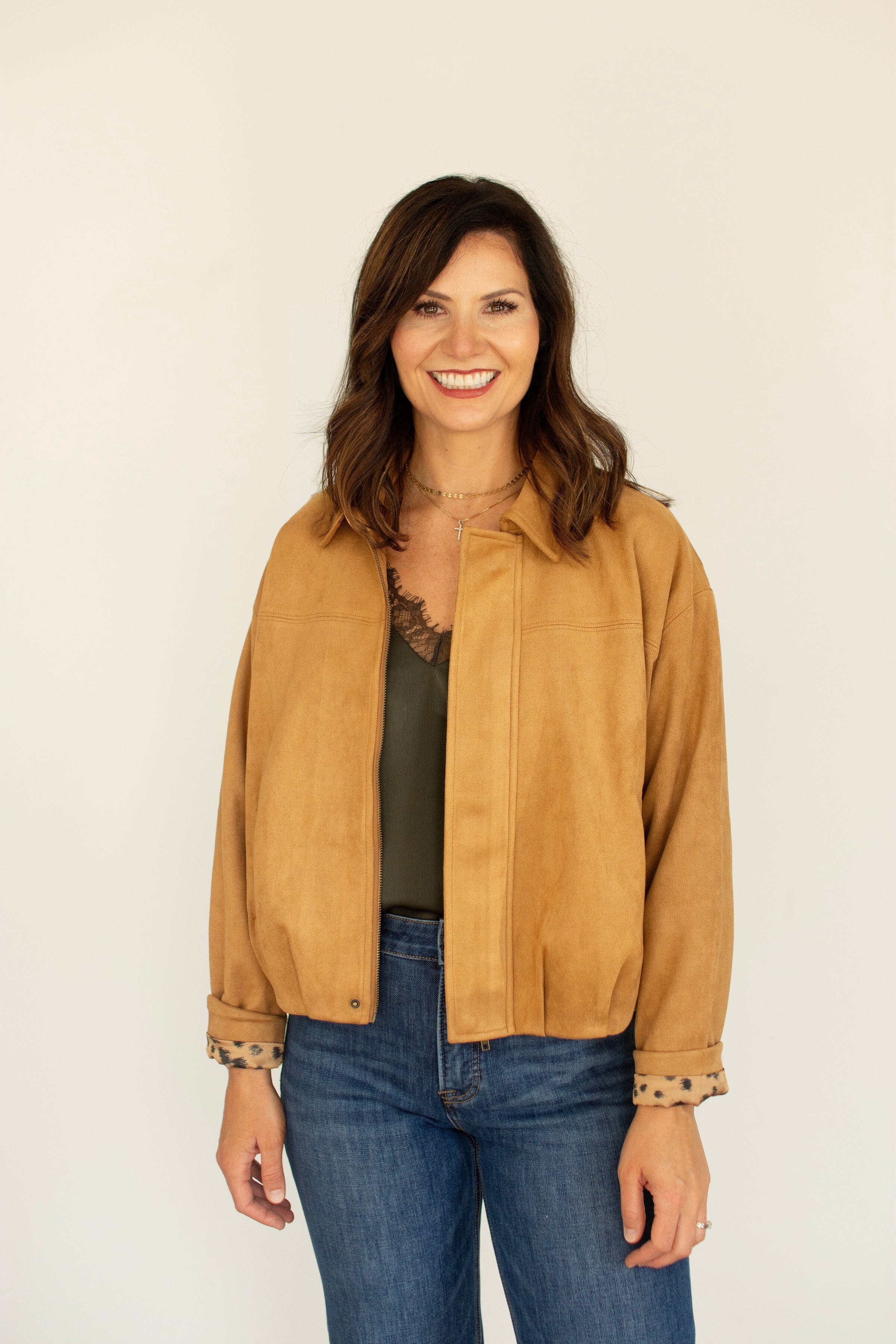 Luxe Faux Suede Gathered Hem Cropped Jacket - Camel