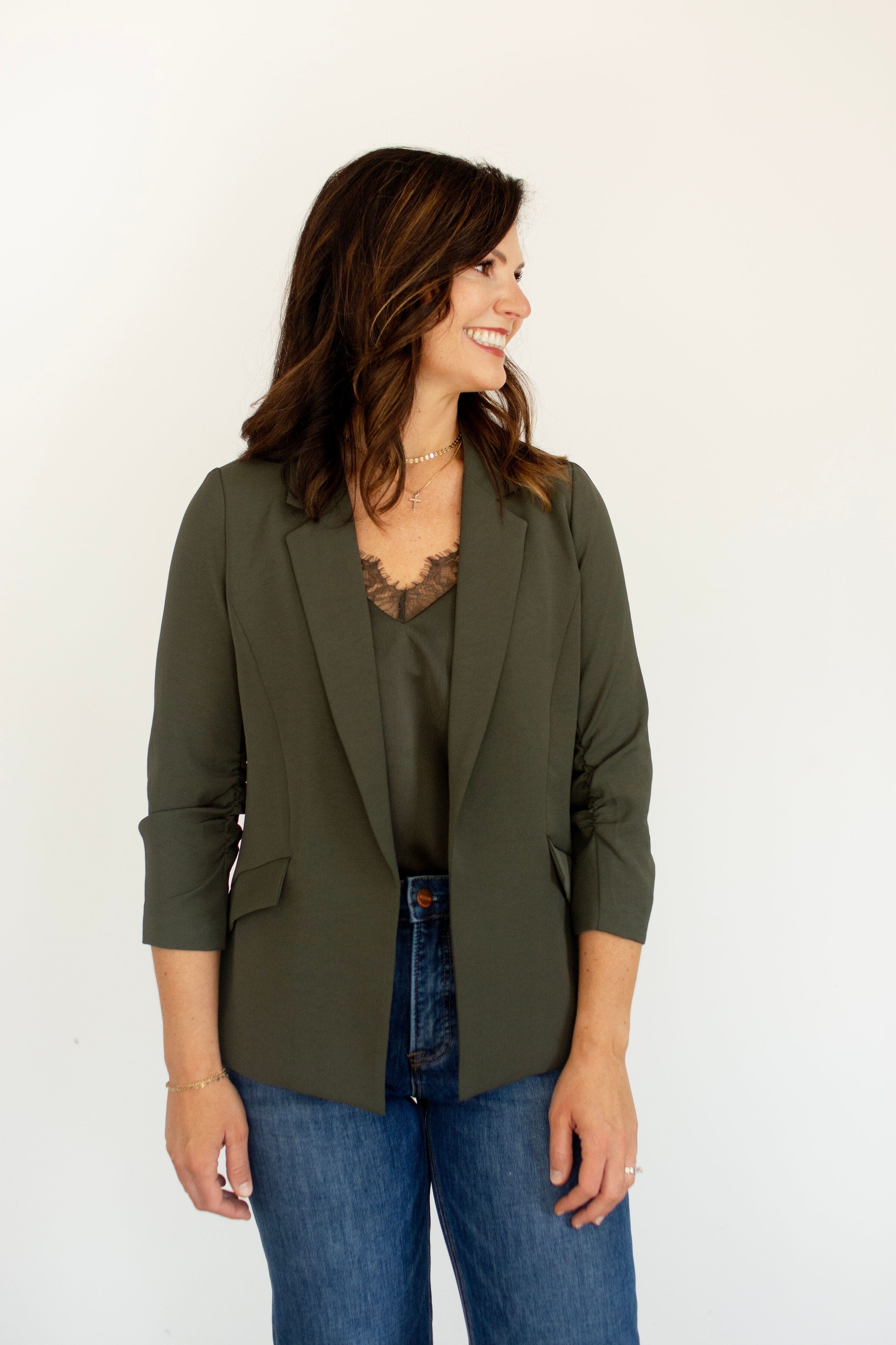 Olive 3/4 Sleeve Tailored Blazer | Versatile Work-to-Weekend Fit