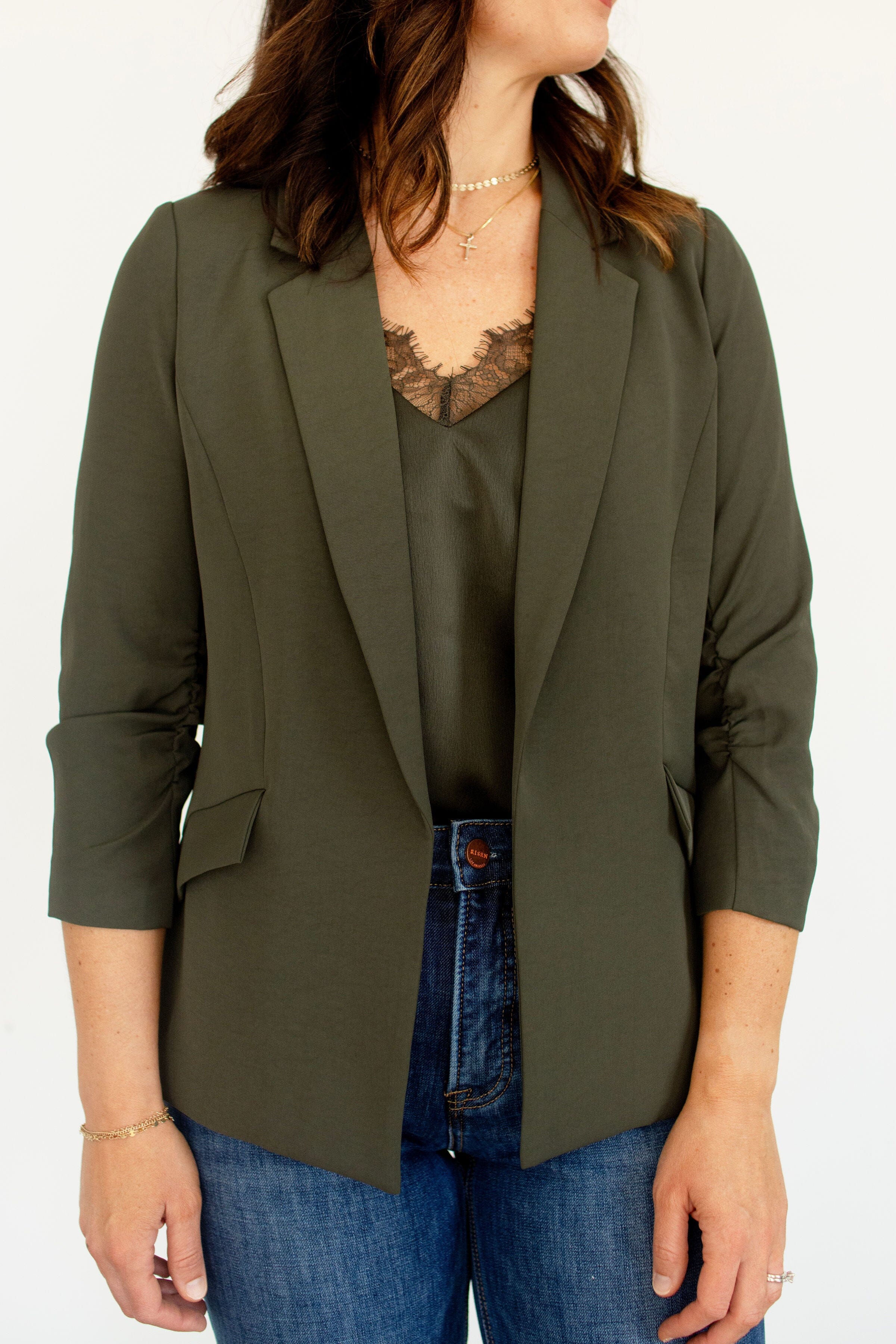 Olive 3/4 Sleeve Tailored Blazer | Versatile Work-to-Weekend Fit