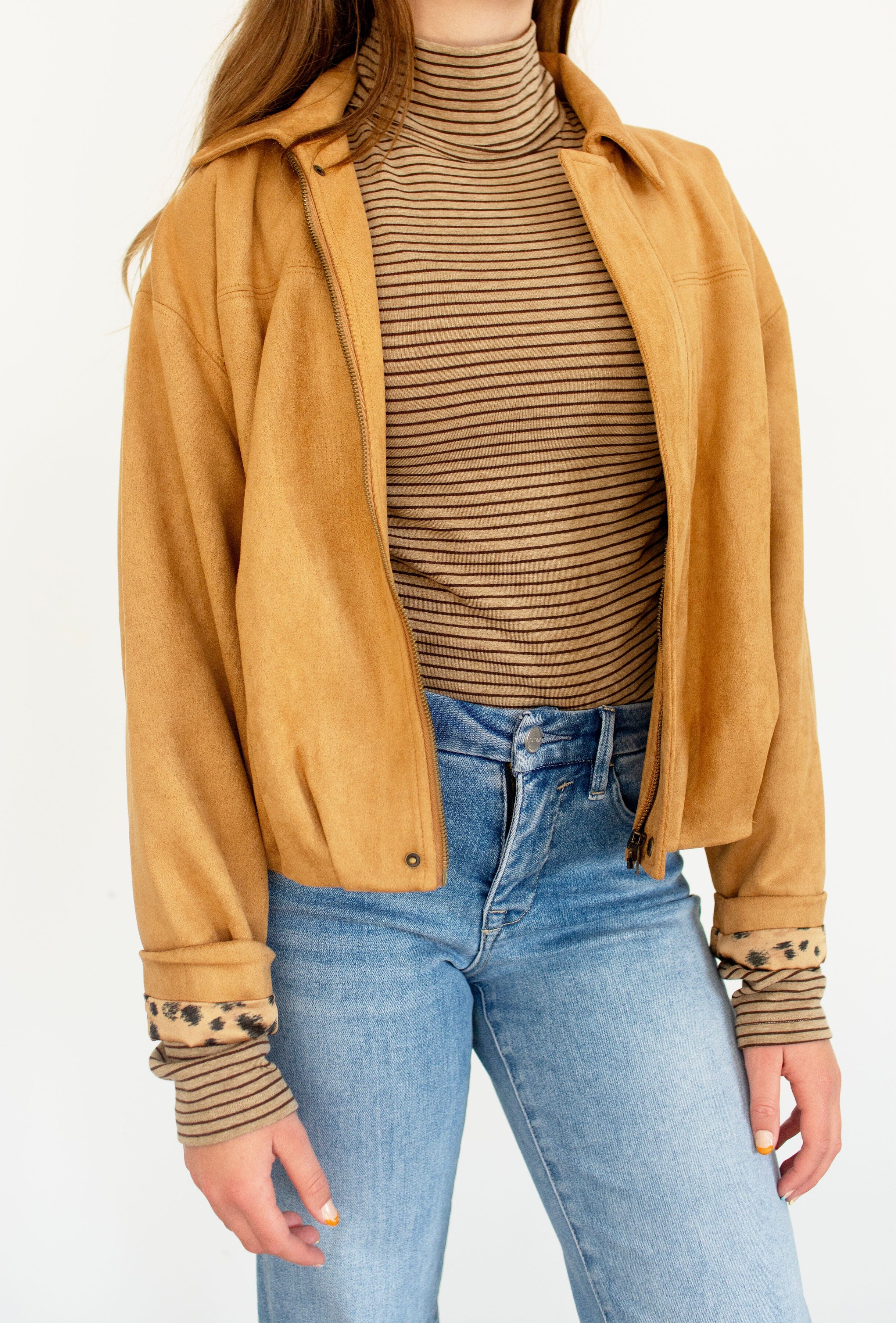 Luxe Faux Suede Gathered Hem Cropped Jacket - Camel