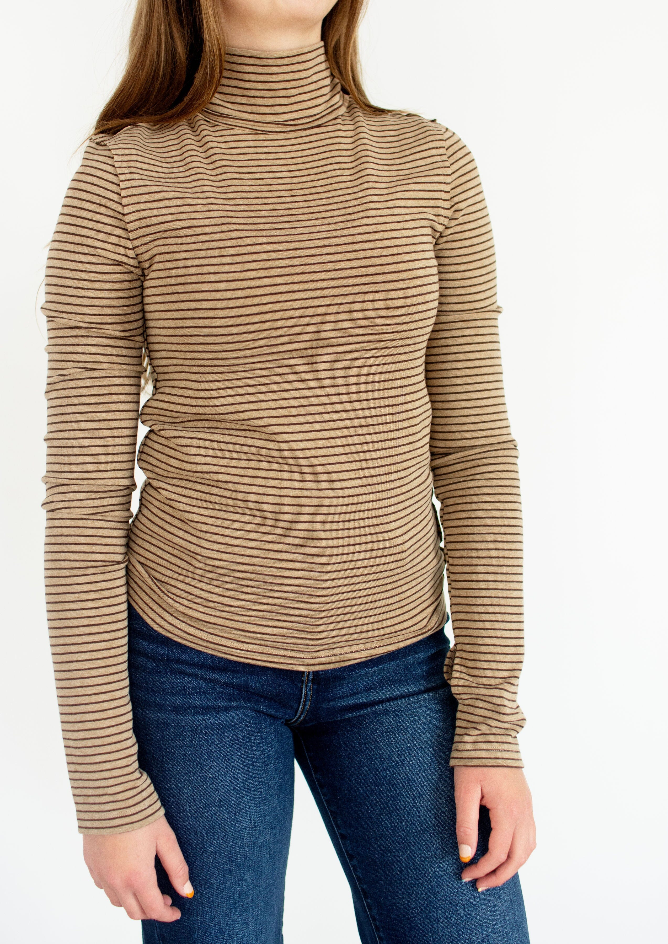 Mocha Stripe Exposed Seam Turtleneck Top with Thumbholes
