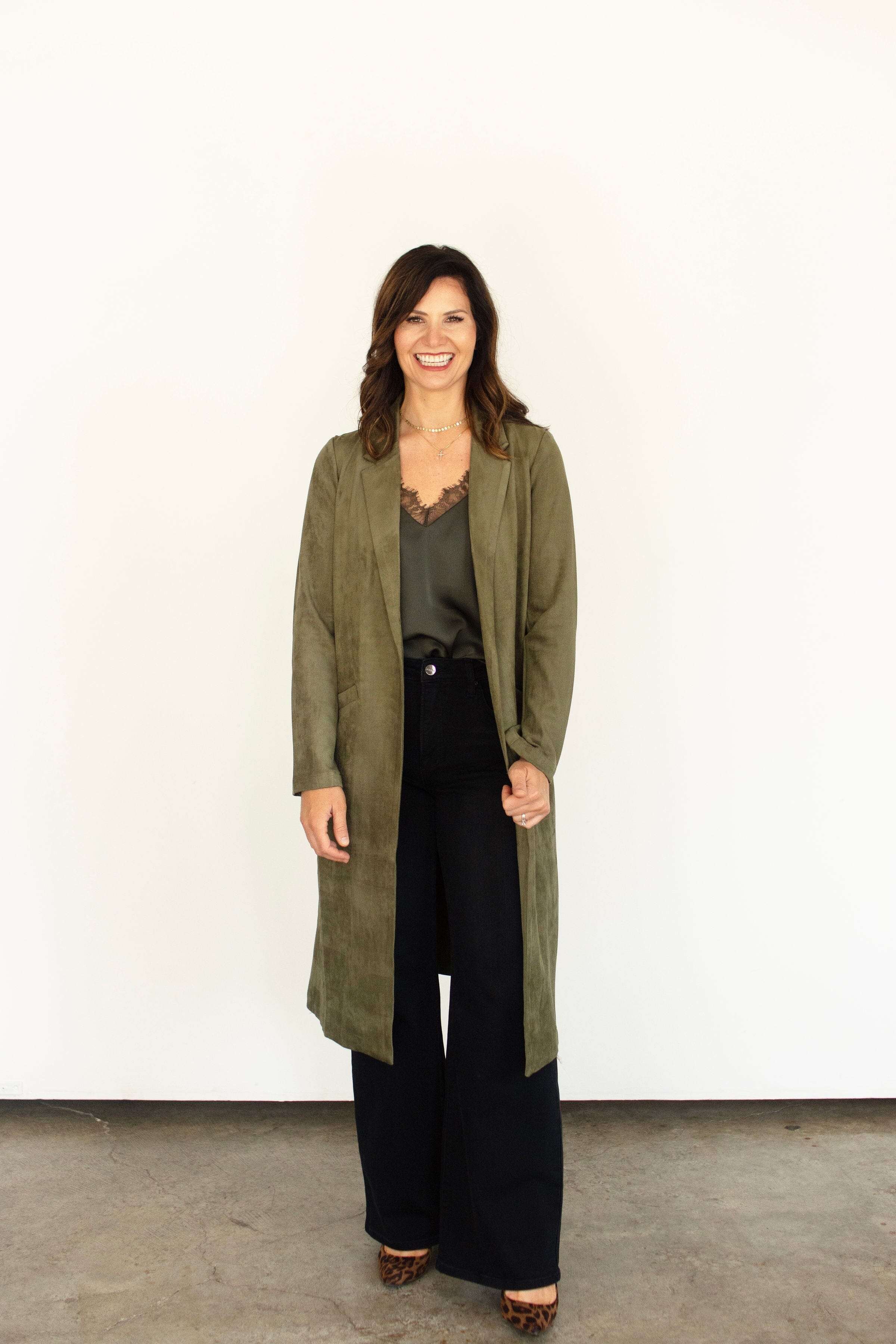 Olive Luxe Faux Suede Duster Jacket – Lightweight Open Front Layering Piece