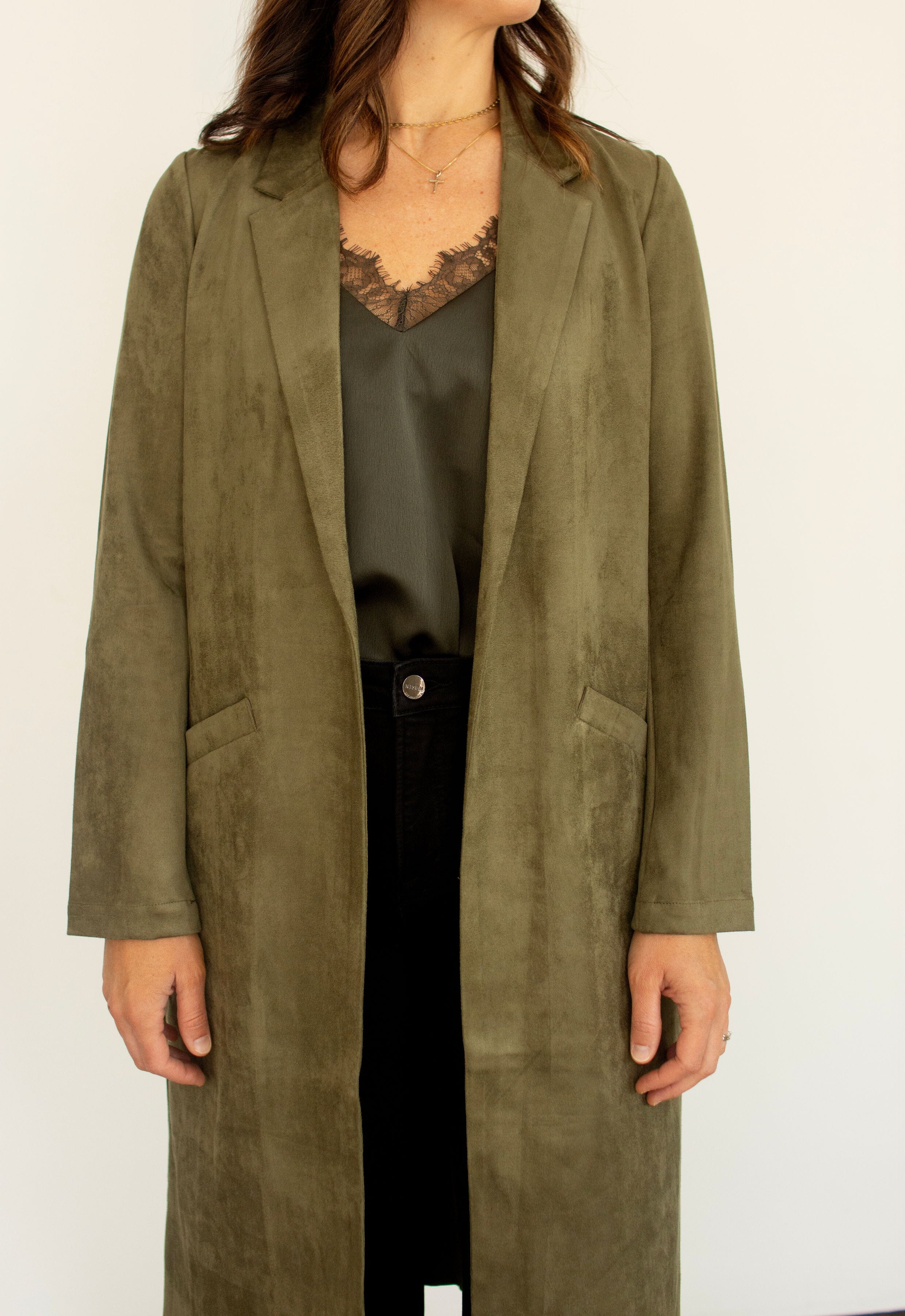 Olive Luxe Faux Suede Duster Jacket – Lightweight Open Front Layering Piece