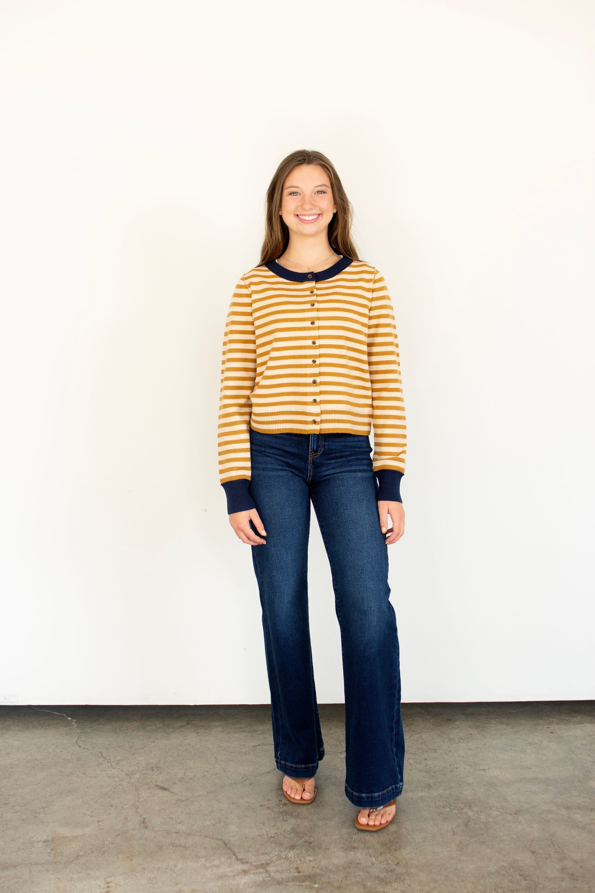 Mustard & Navy Striped Cropped Cardigan | Lightweight Autumn Layer