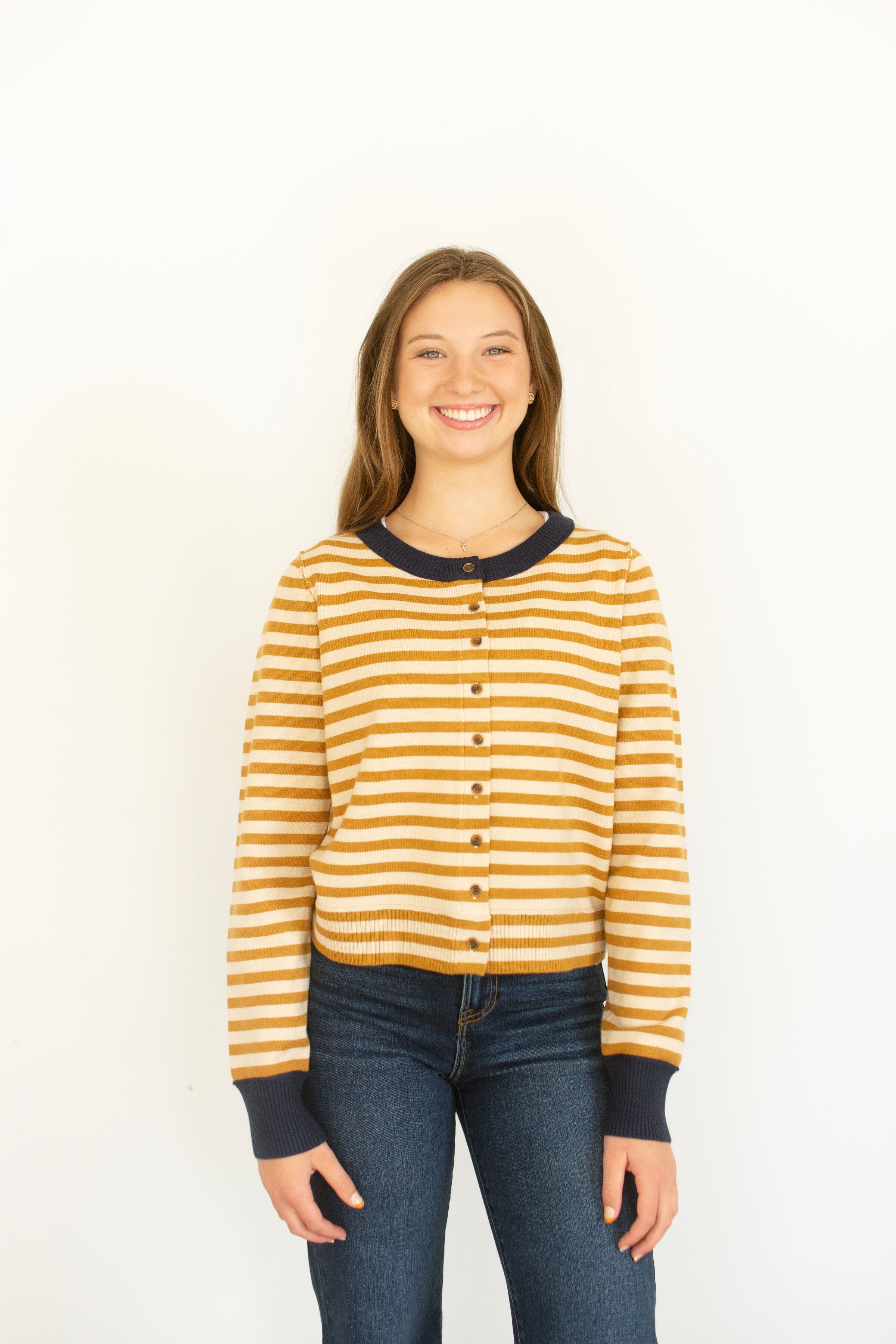 Mustard & Navy Striped Cropped Cardigan | Lightweight Autumn Layer