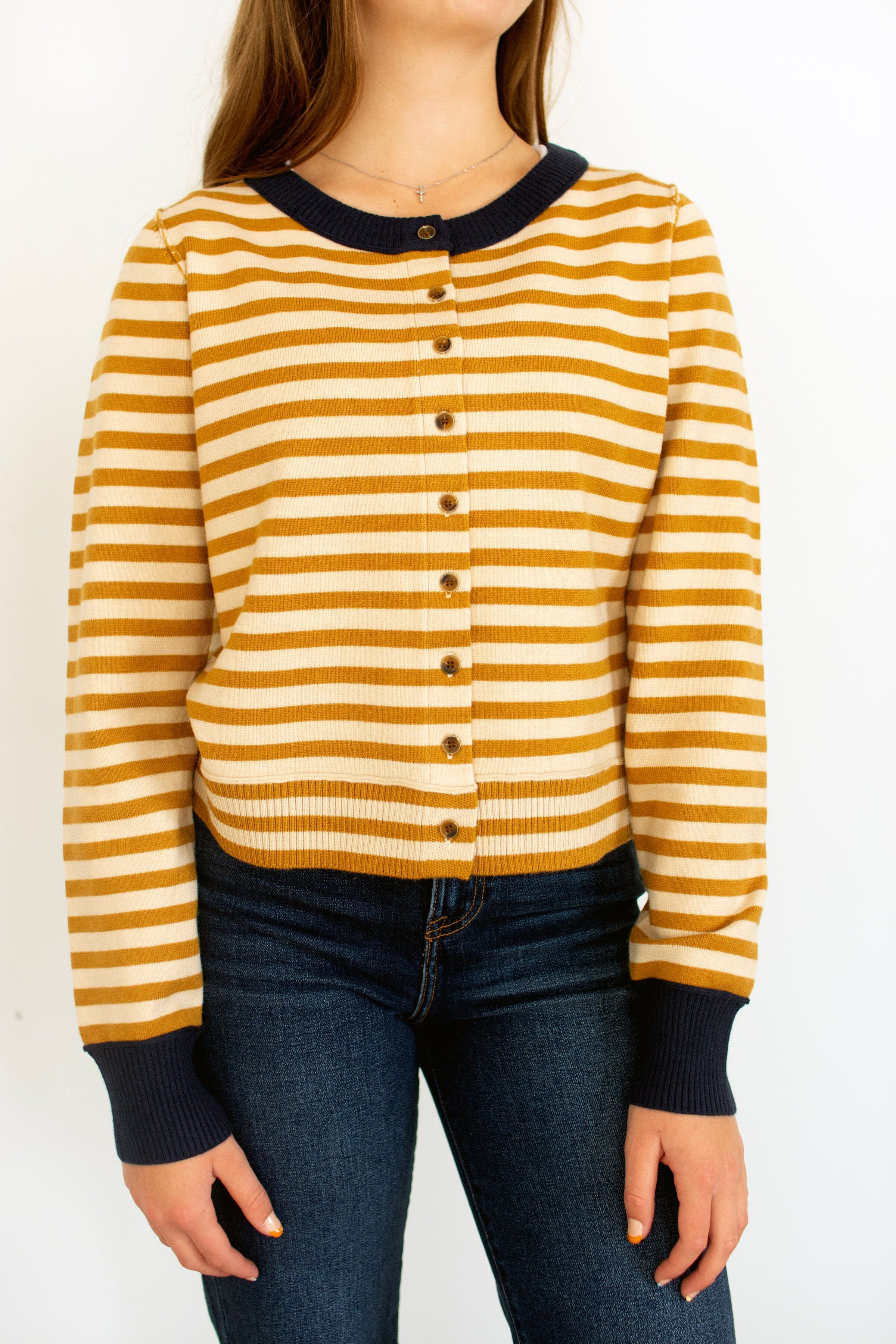 Mustard & Navy Striped Cropped Cardigan | Lightweight Autumn Layer