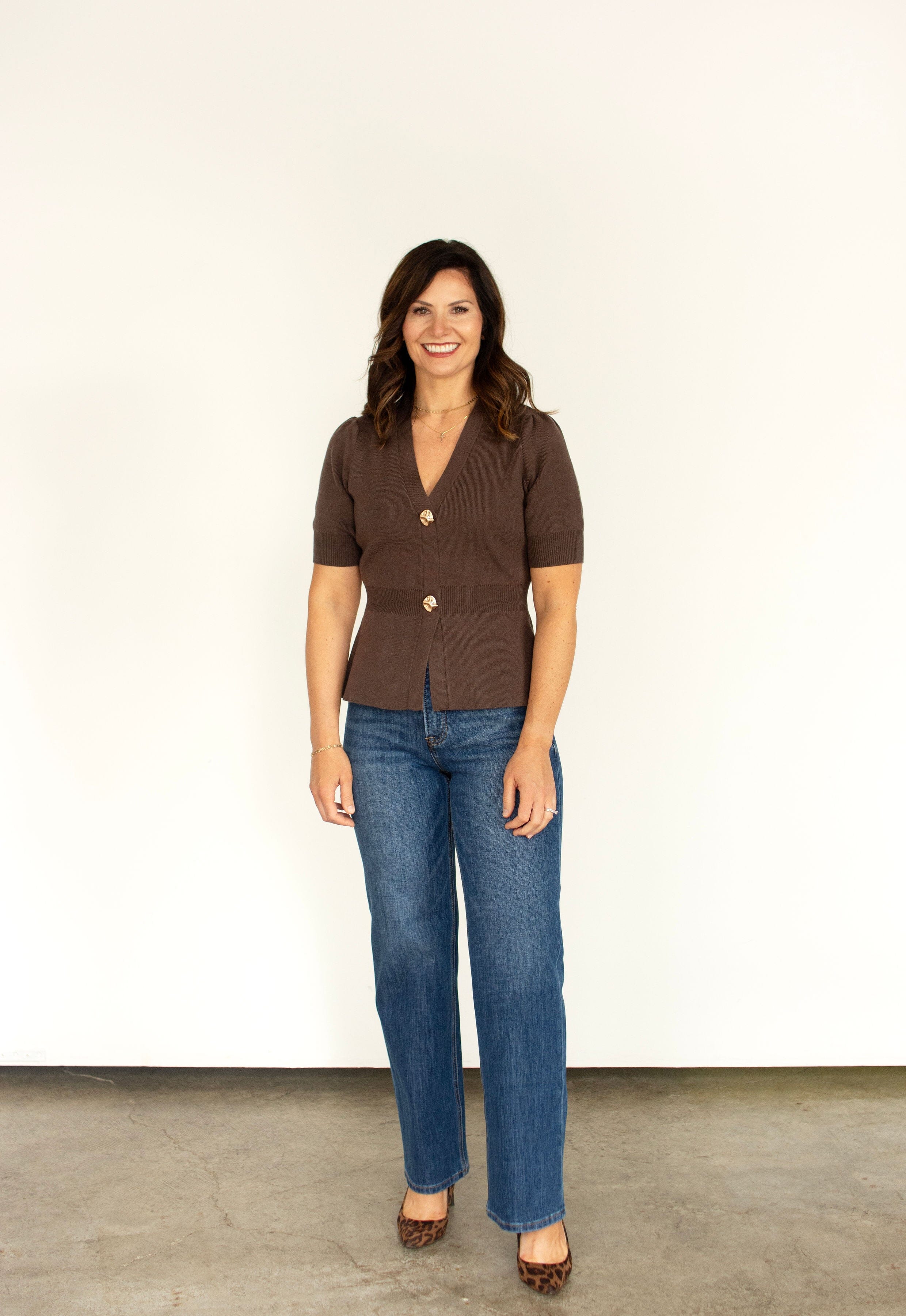 Chocolate Brown Ribbed Short Sleeve Cardigan with Gold Buttons