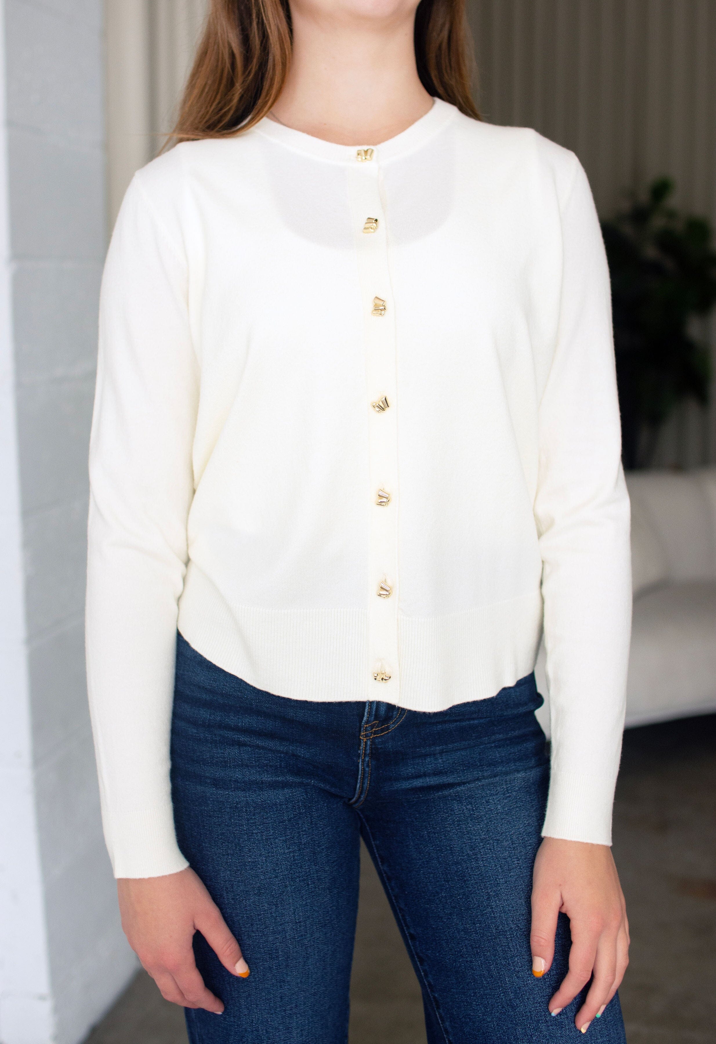 Ivory Cardigan | Chic Gold Button Knit Cardigan