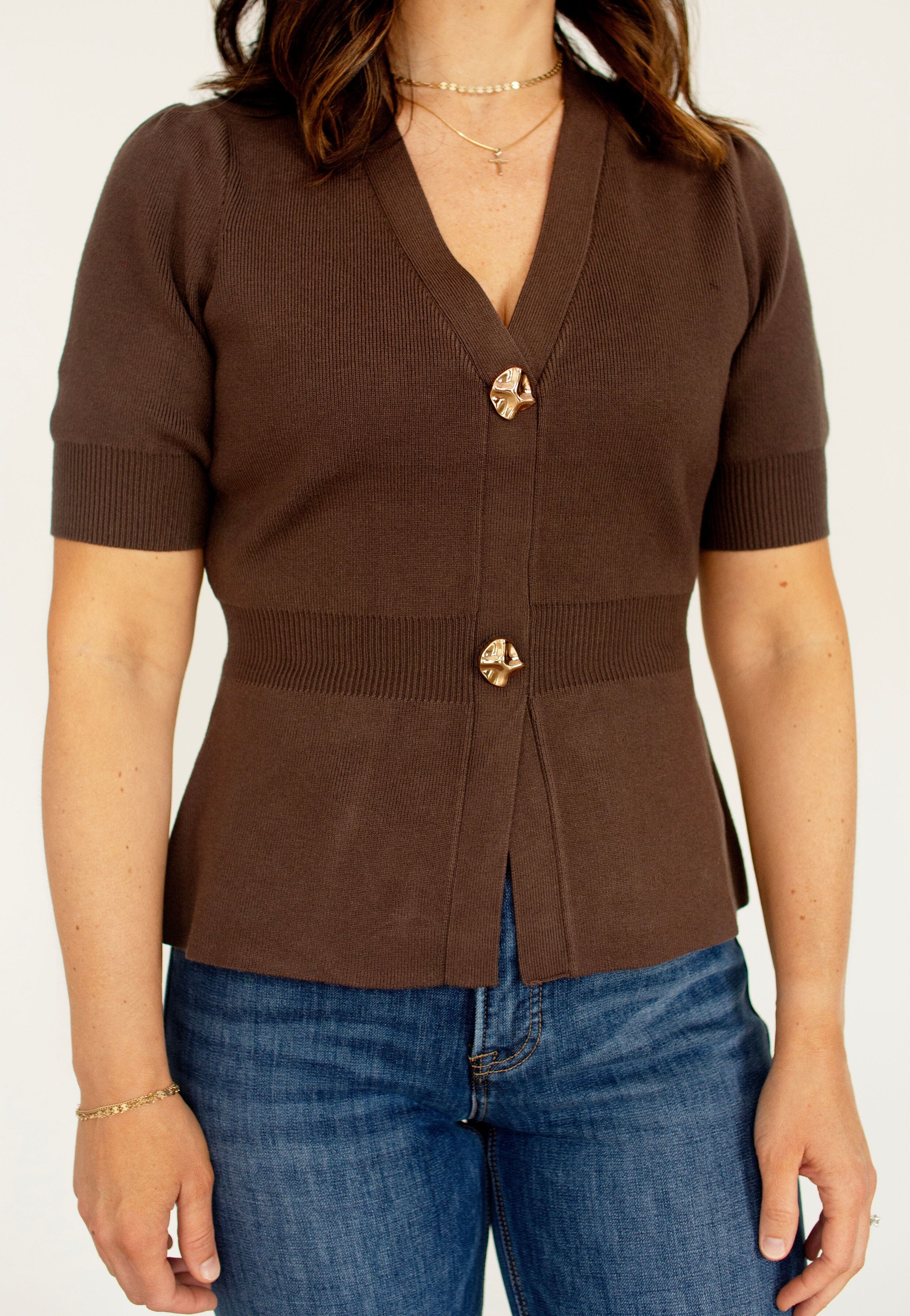 Chocolate Brown Ribbed Short Sleeve Cardigan with Gold Buttons