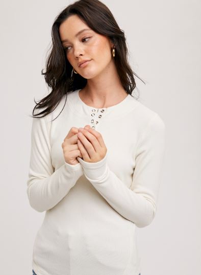 Ivory Ribbed Henley Knit Top