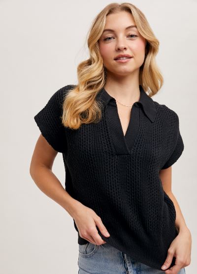 Black Knit Polo Sweater