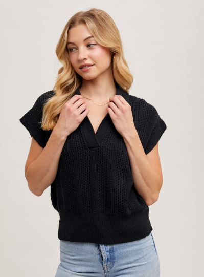 Black Knit Polo Sweater