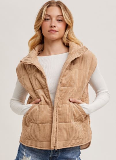 Latte Corduroy Quilted Puffer Vest