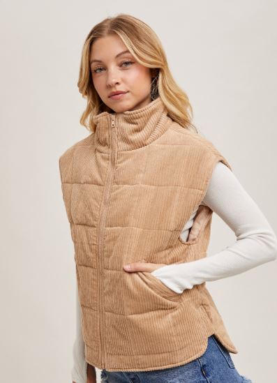 Latte Corduroy Quilted Puffer Vest