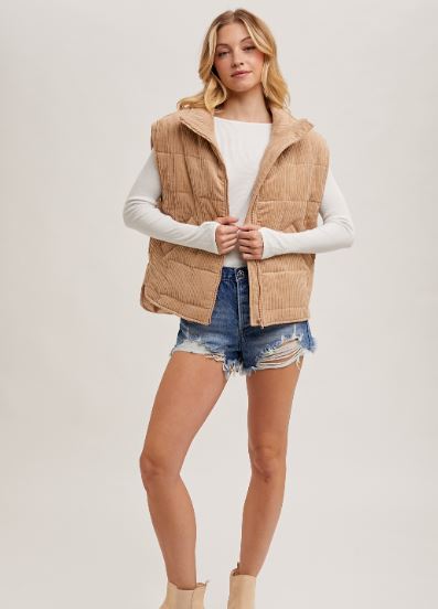 Latte Corduroy Quilted Puffer Vest