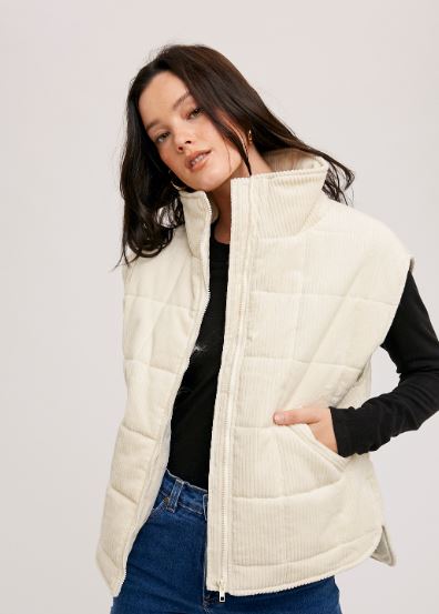 Cream Corduroy Quilted Puffer Vest