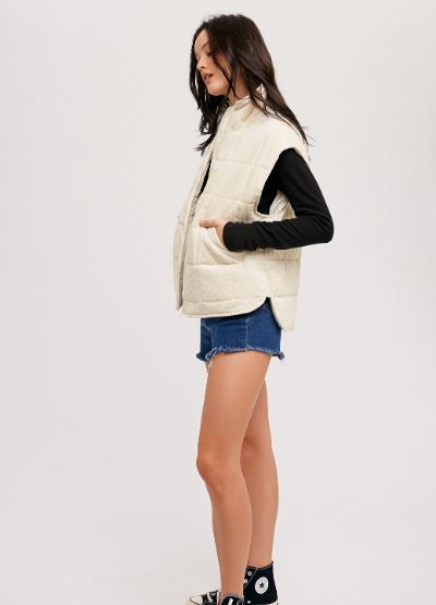 Cream Corduroy Quilted Puffer Vest