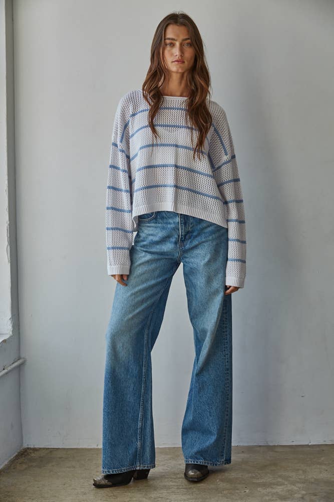 W2450 | Knit Cotton Acrylic Striped Round Neck Sweater: White Blue / S