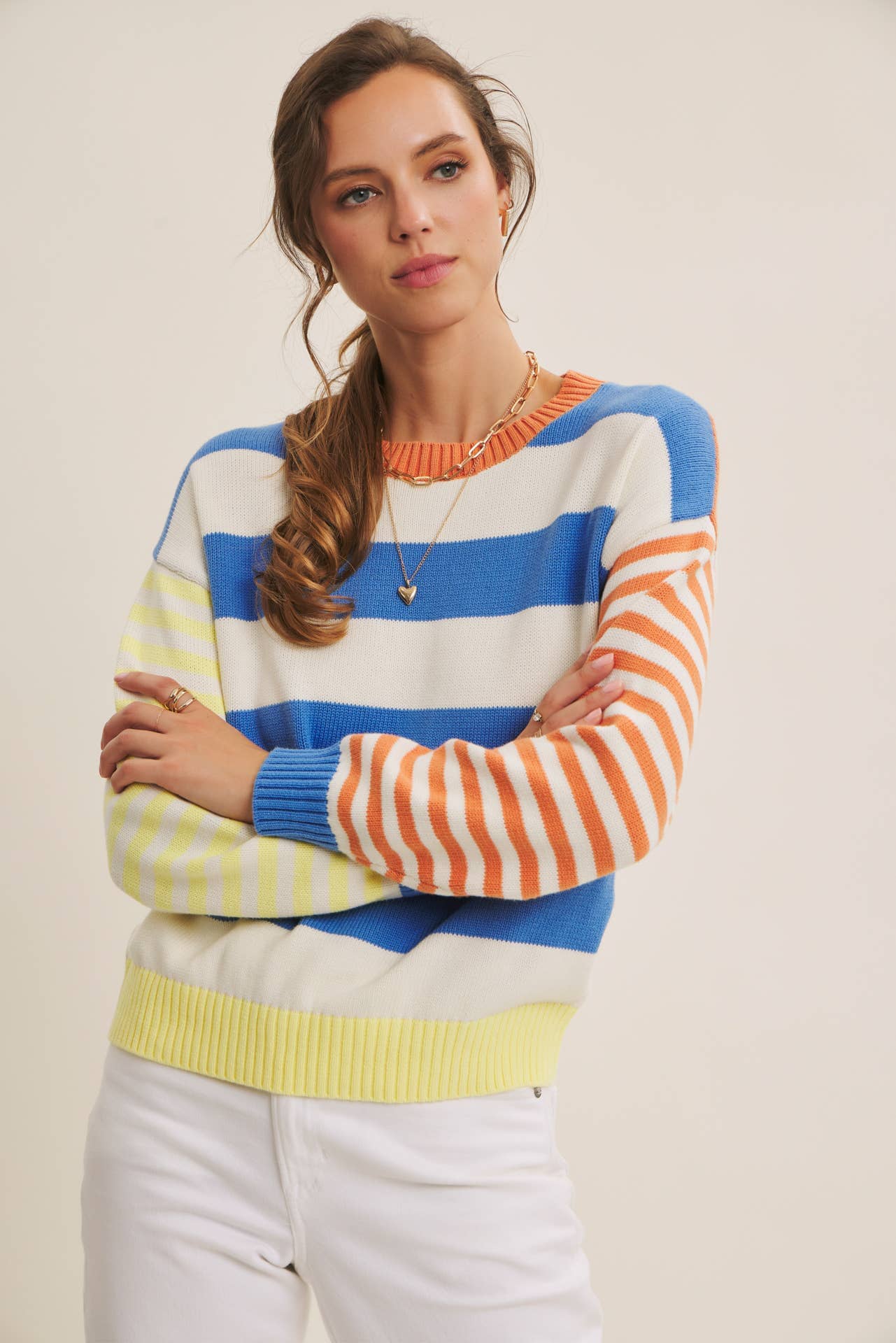 JOYFUL COLOR BLOCKED BOLD STRIPE RELAXED FIT COTTON SWEATER: BLUE/LEMON MULTI / S