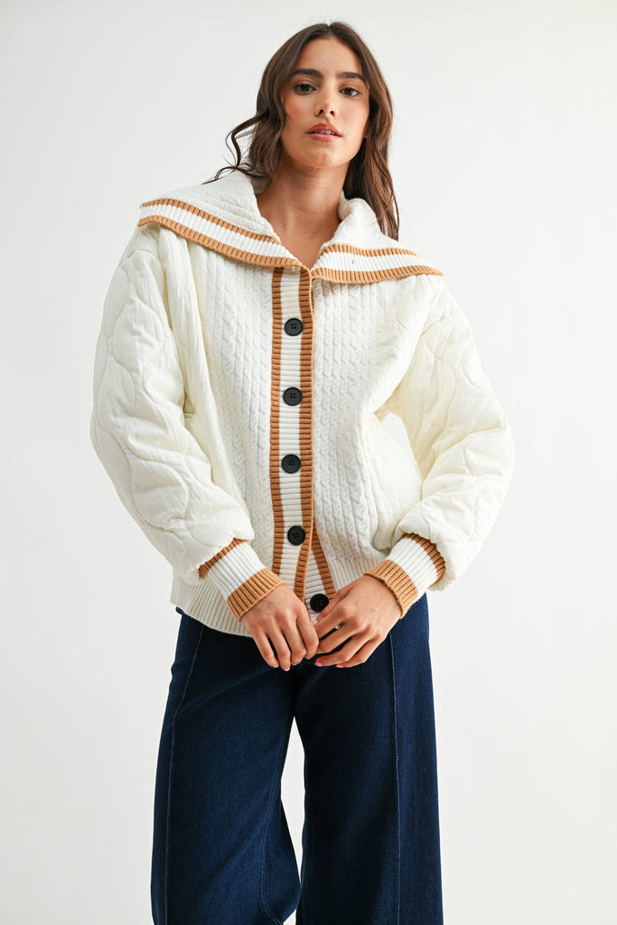 CONTRAST TRIM QUILTED KNIT JACKET - CJ25541: CREAM/CAMEL / S-M-L (3-2-1)