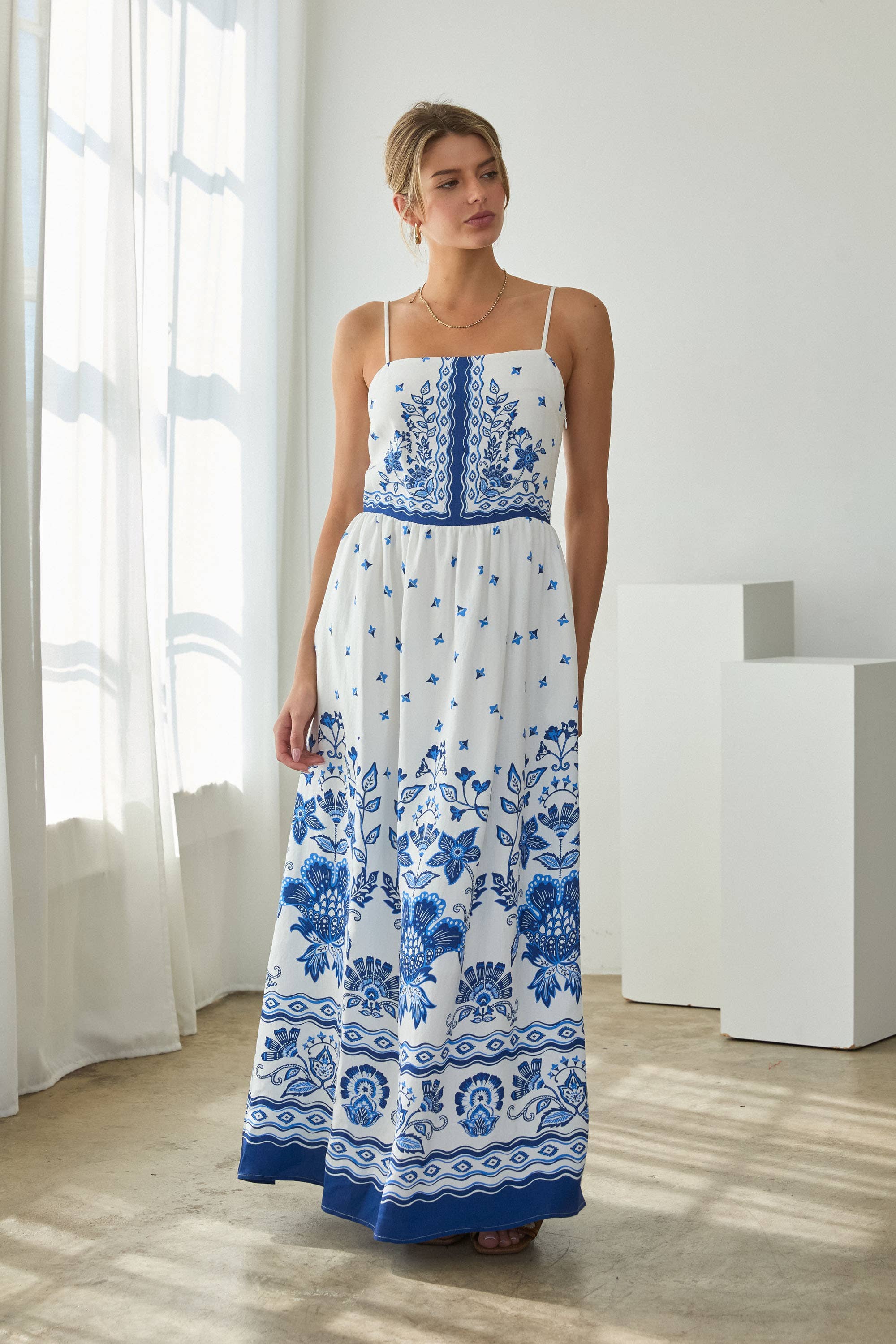 Serene Blue Floral Border Print Maxi Dress
