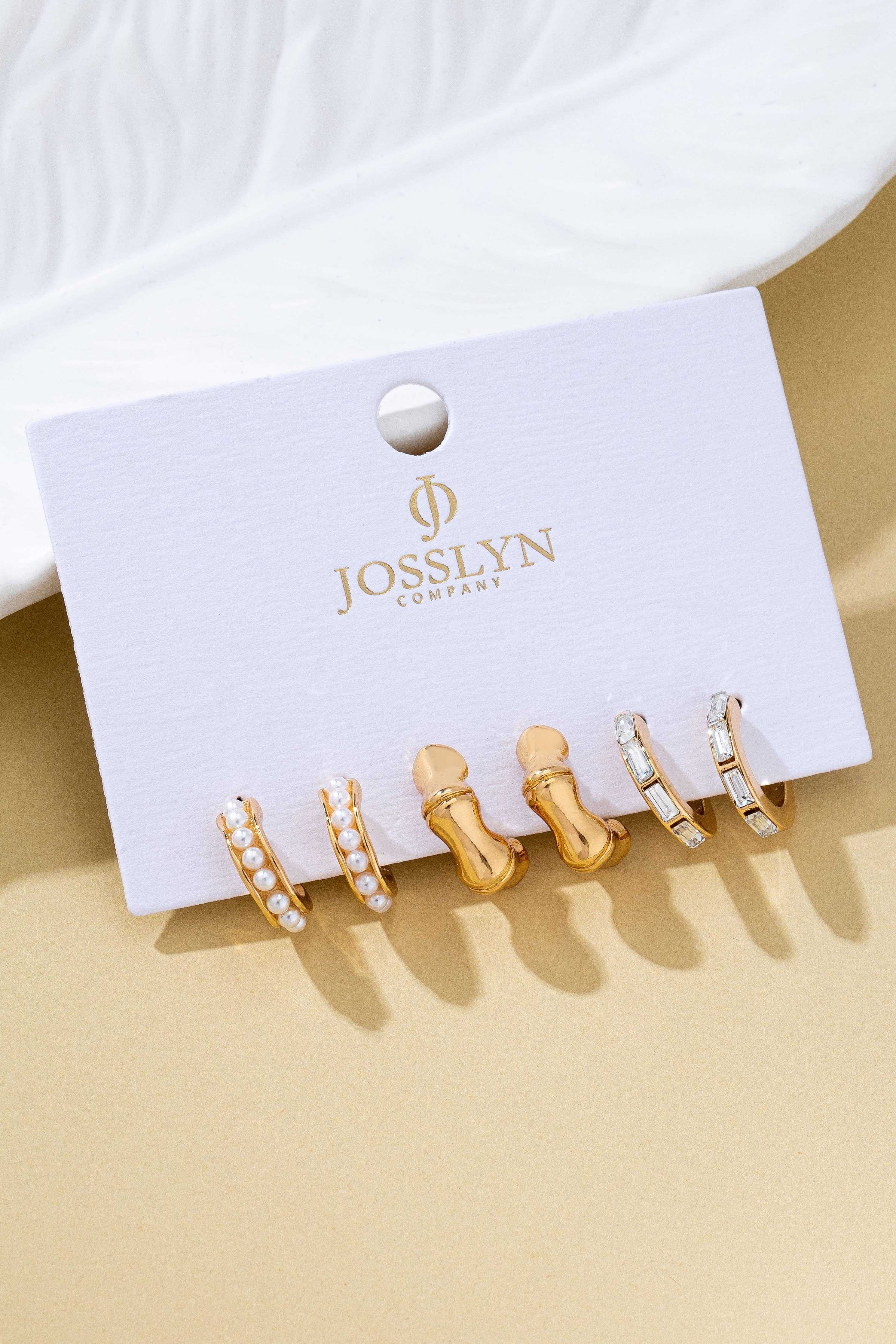 Pearl Rhinestone Multi Hoop Trio Earrings | 80E62031: GOLD