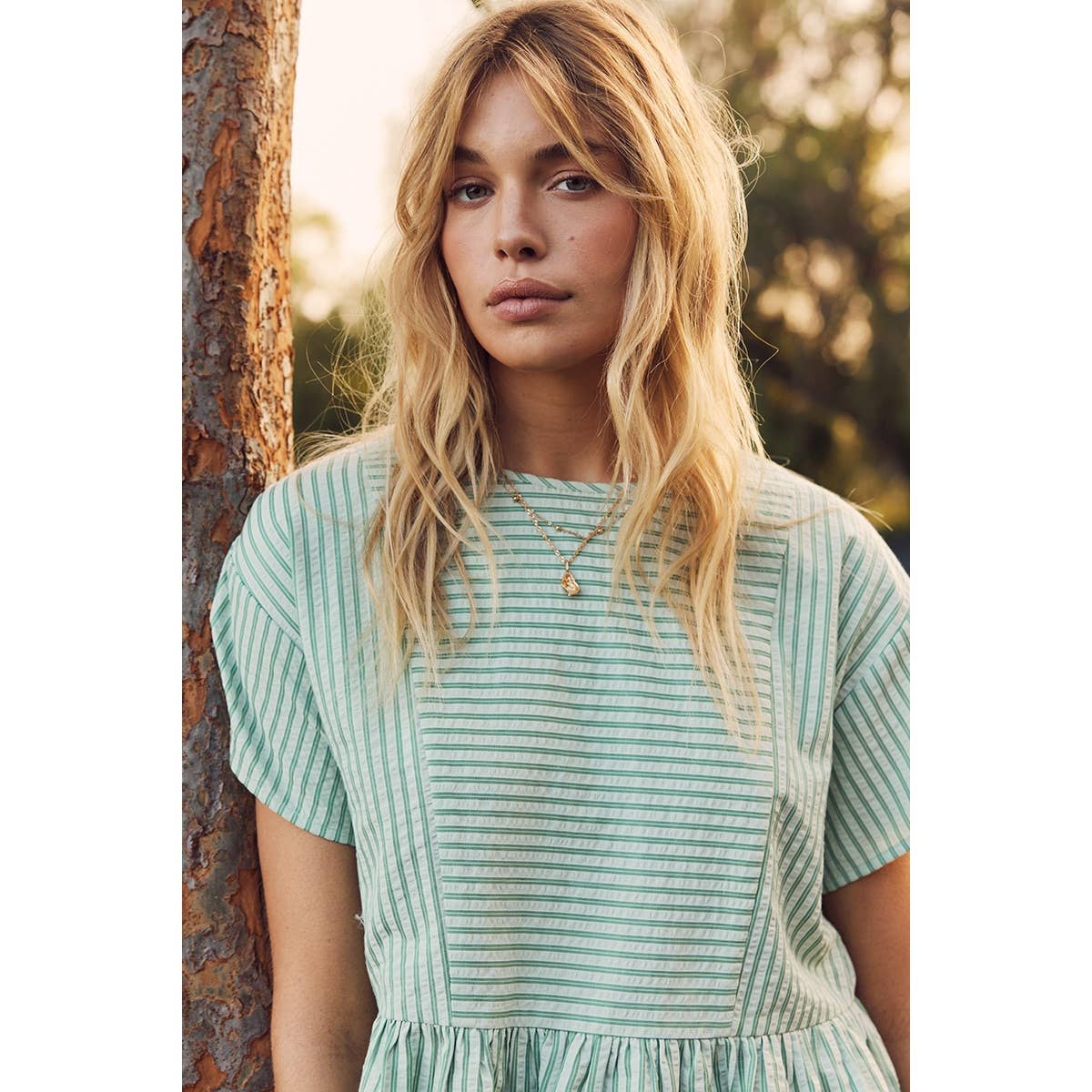 EVERYDAY VERSATILITY BABYDOLL STRIPE PEPLUM BLOUSE TOP: CLOVER GREEN / S | Stella & Grace Boutique .