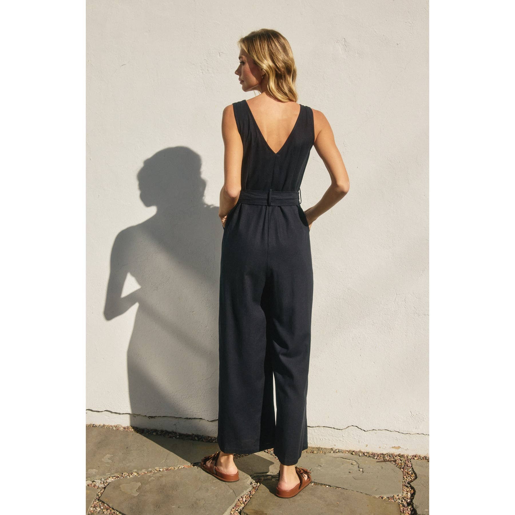 Heaven Sent Button Down Sash Belt Jumpsuit: NAVY / S-M-L(2-2-2)