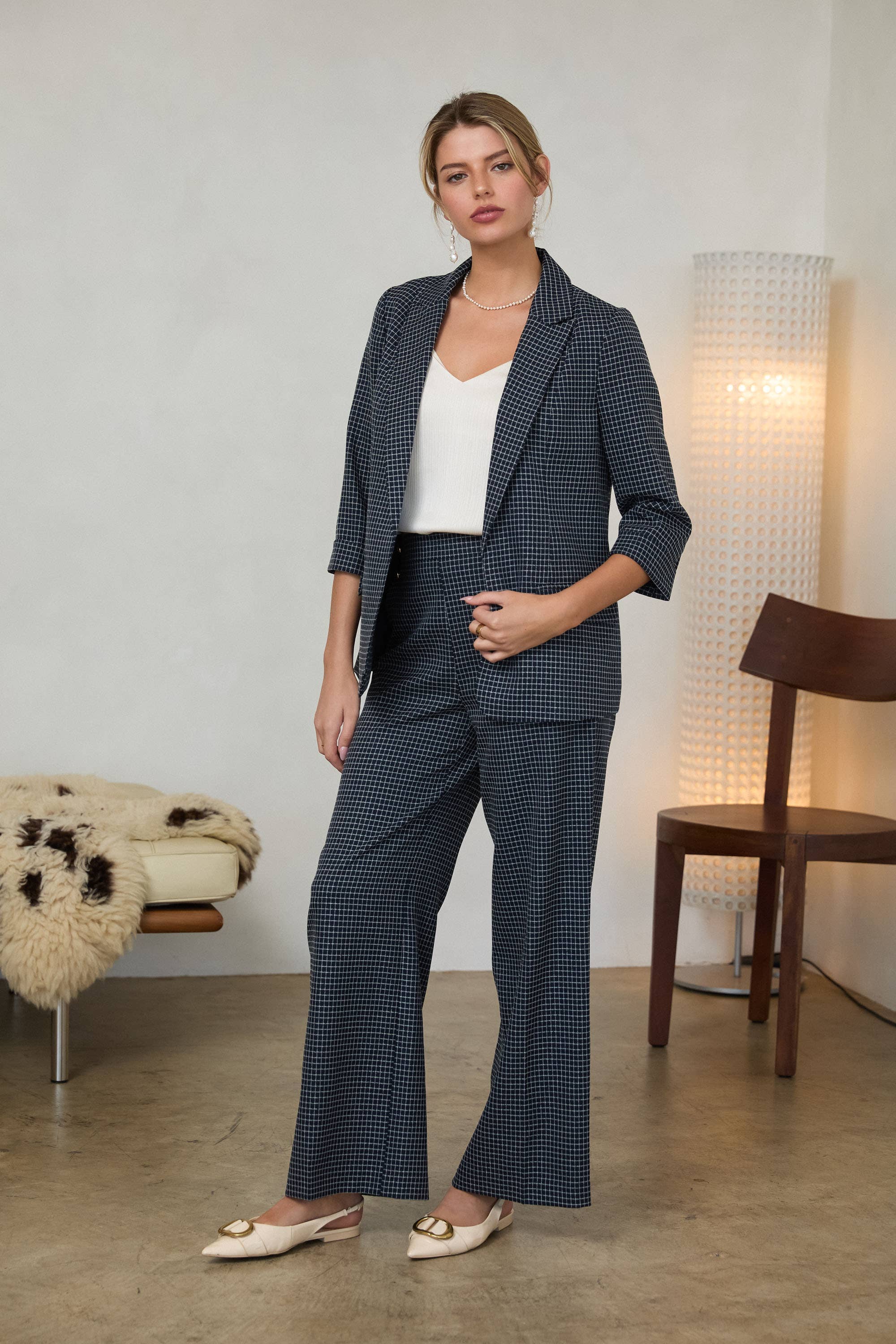 Grid Print Cuffed 3/4 Sleeve Blazer: Navy / XS